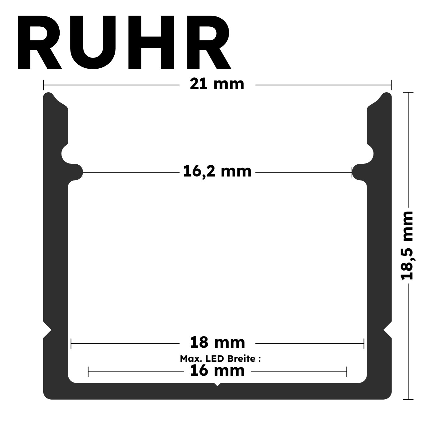 Querschnitt des LED-Alu-Aufputzprofils RUHR mit Maßangaben in Millimeter