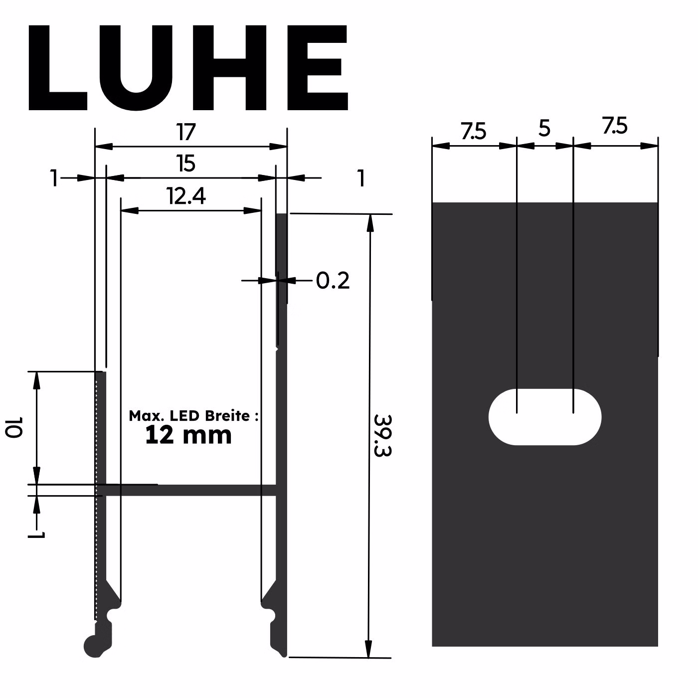 Querschnitt des LED-Alu-Trockenbauprofils LUHE mit Maßangaben in Millimeter