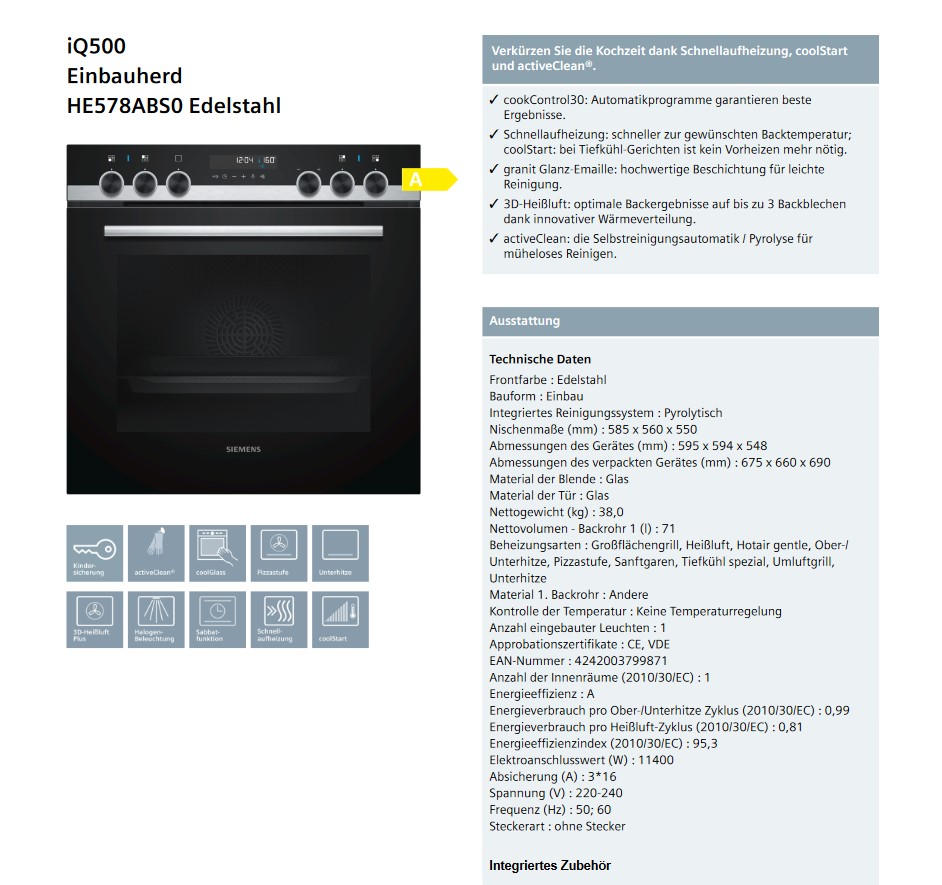 Siemens Einbauherd HE578ABS0, Energieeffizienzklasse A SIEMENS HE578ABS0 Einbau Herd