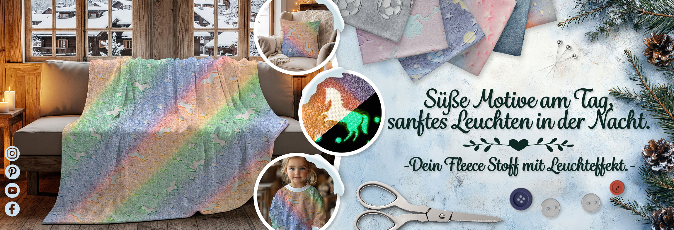 Werbebanner für Fleece-Stoff mit Leuchteffekt. Gezeigt werden eine Decke auf einem Sofa, Anwendungsbeispiele als Kissen und Kleidung sowie der Text: ‚Süße Motive am Tag, sanftes Leuchten in der Nacht. - Dein Fleece Stoff mit Leuchteffekt.