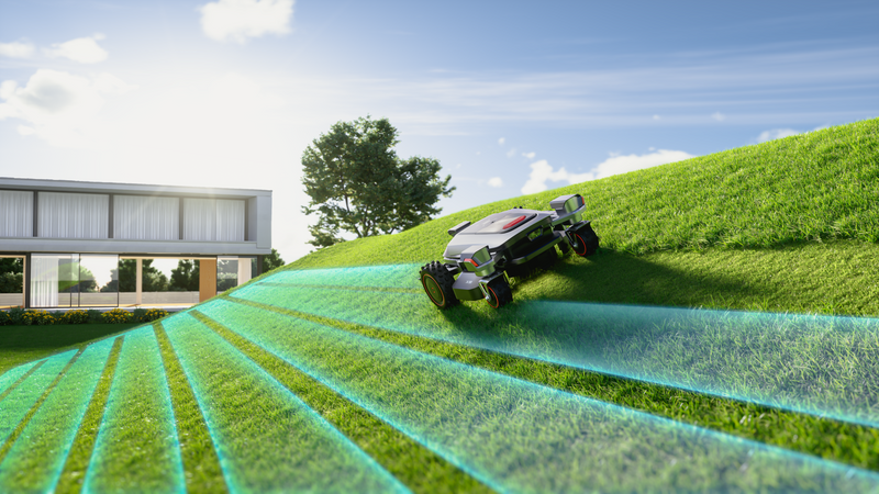 Sunseeker X9 Mähroboter Sunseeker X9, Outdooransicht von hinten links, hangparalleles Fahren