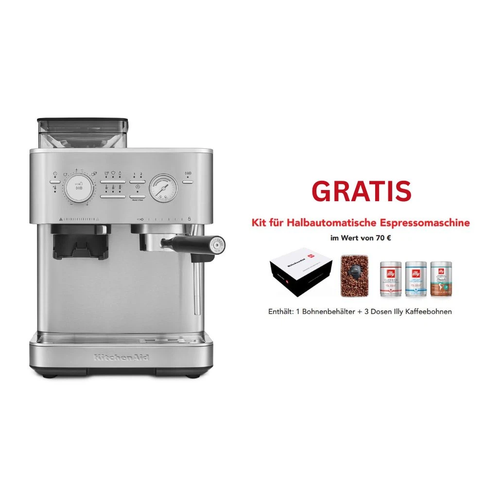 KitchenAid halbautomatische Espressomaschine mit Gratmahlwerk 5KES6551 inkl. GRATIS Illy Exploration Kit-Edelstahl / Gebürstetes Metall