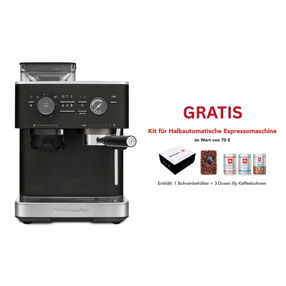 KitchenAid halbautomatische Espressomaschine mit Gratmahlwerk 5KES6551 inkl. GRATIS Illy Exploration Kit-Gusseisen Schwarz
