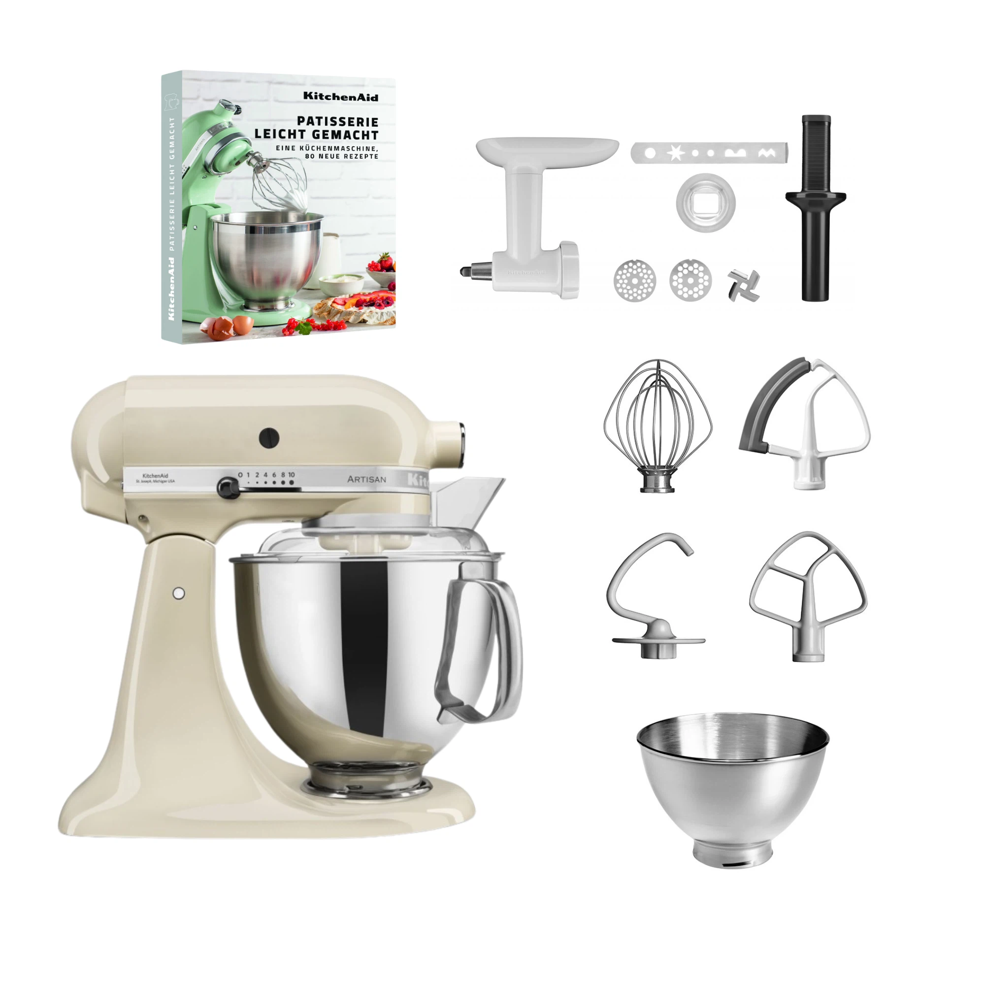 KitchenAid 4,8 L 5KSM175 Artisan Küchenmaschine Pastrylover mit Kunststofffleischwolf+Spritzgebäckvorsatz und Patisserie Buch-Crème