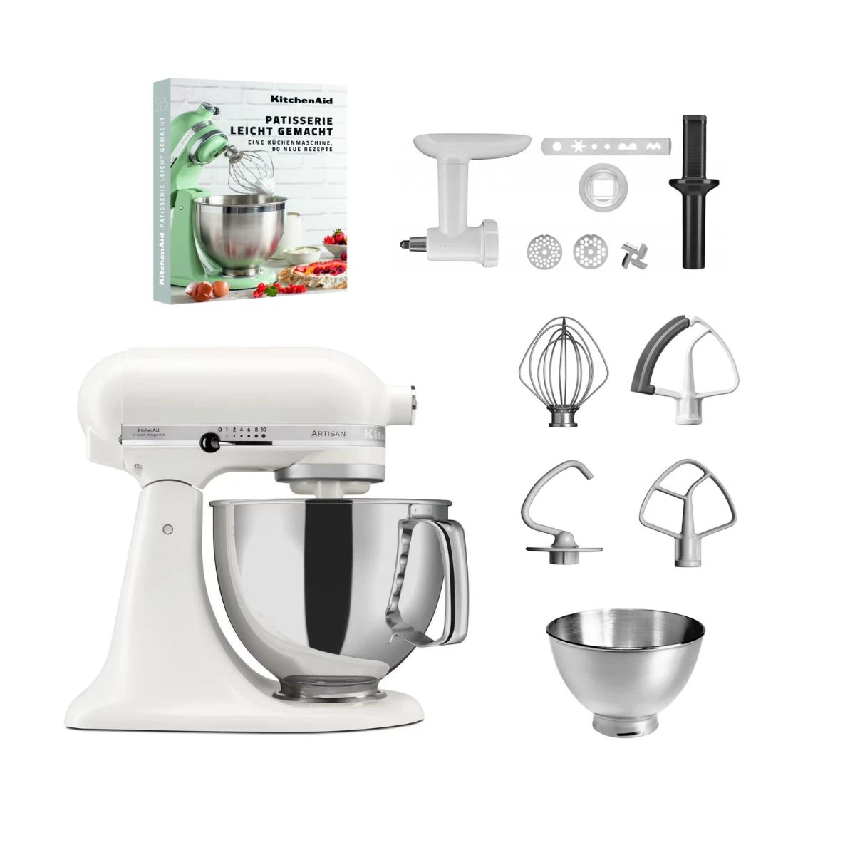 KitchenAid 4,8 L 5KSM175 Artisan Küchenmaschine Pastrylover mit Kunststofffleischwolf+Spritzgebäckvorsatz und Patisserie Buch-Porcelain White