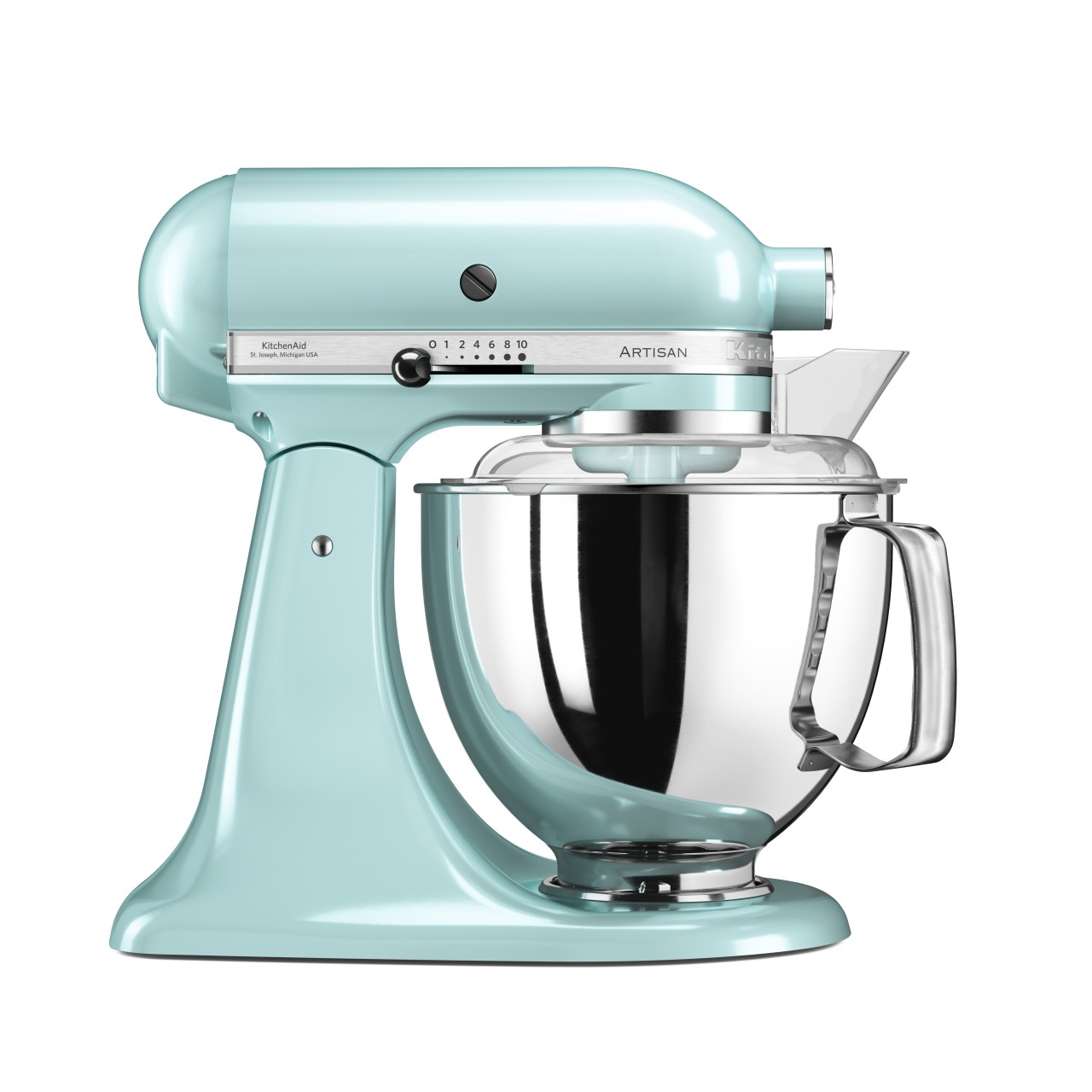 KitchenAid 4,8 L 5KSM175 Artisan Küchenmaschine Pastrylover mit Kunststofffleischwolf+Spritzgebäckvorsatz und Patisserie Buch-Eisblau