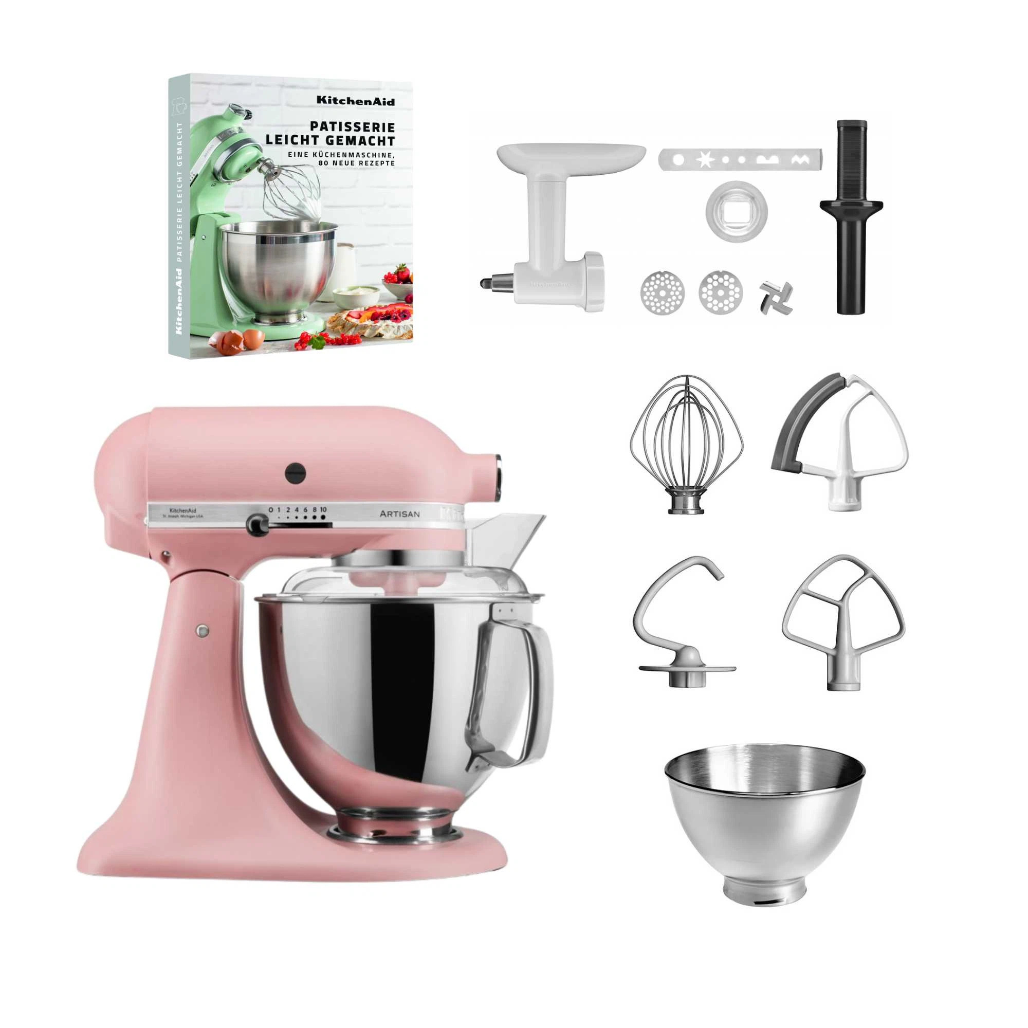 KitchenAid 4,8 L 5KSM175 Artisan Küchenmaschine Pastrylover mit Kunststofffleischwolf+Spritzgebäckvorsatz und Patisserie Buch-Altrosa
