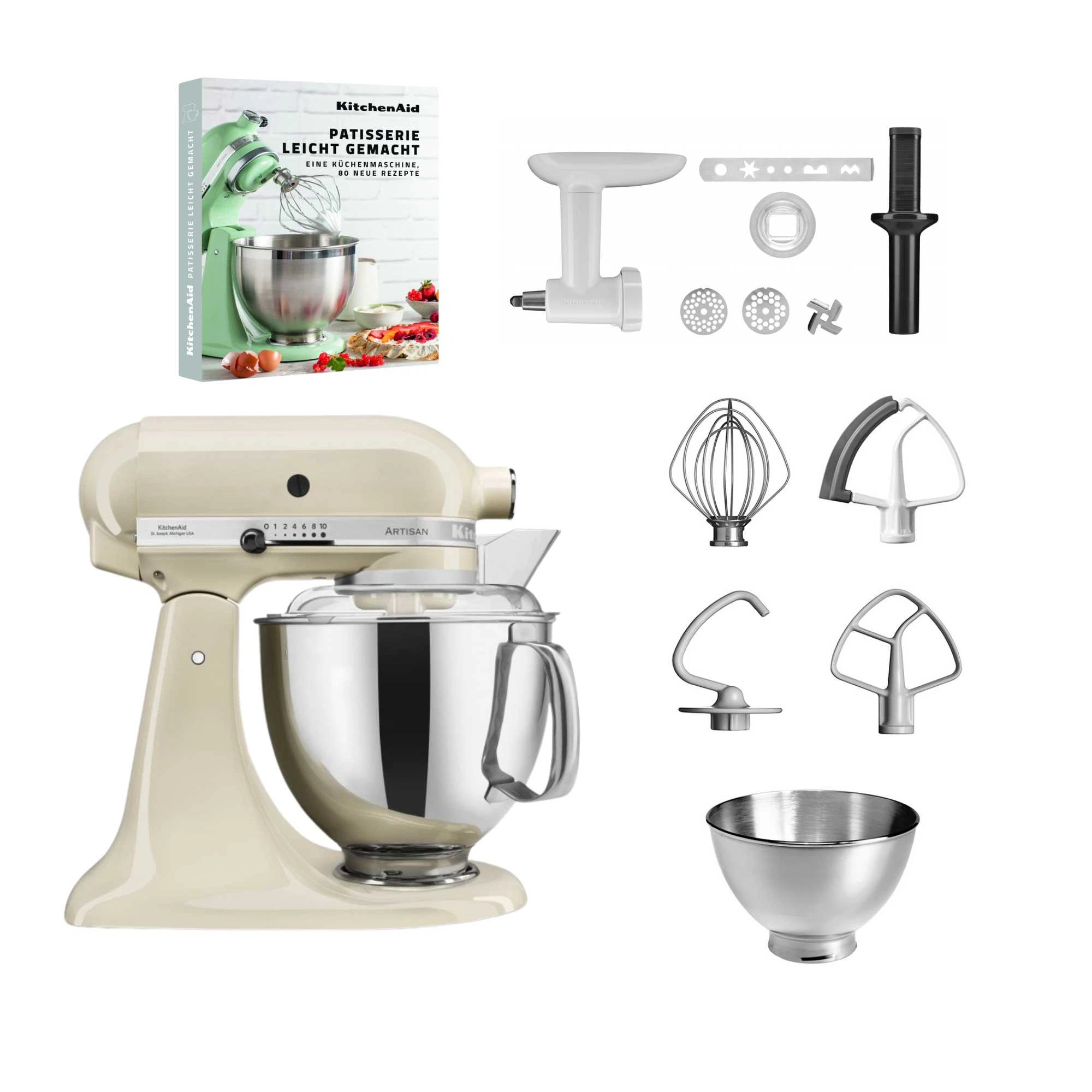 KitchenAid 4,8 L 5KSM175 Artisan Küchenmaschine Pastrylover mit Kunststofffleischwolf+Spritzgebäckvorsatz und Patisserie Buch-Créme