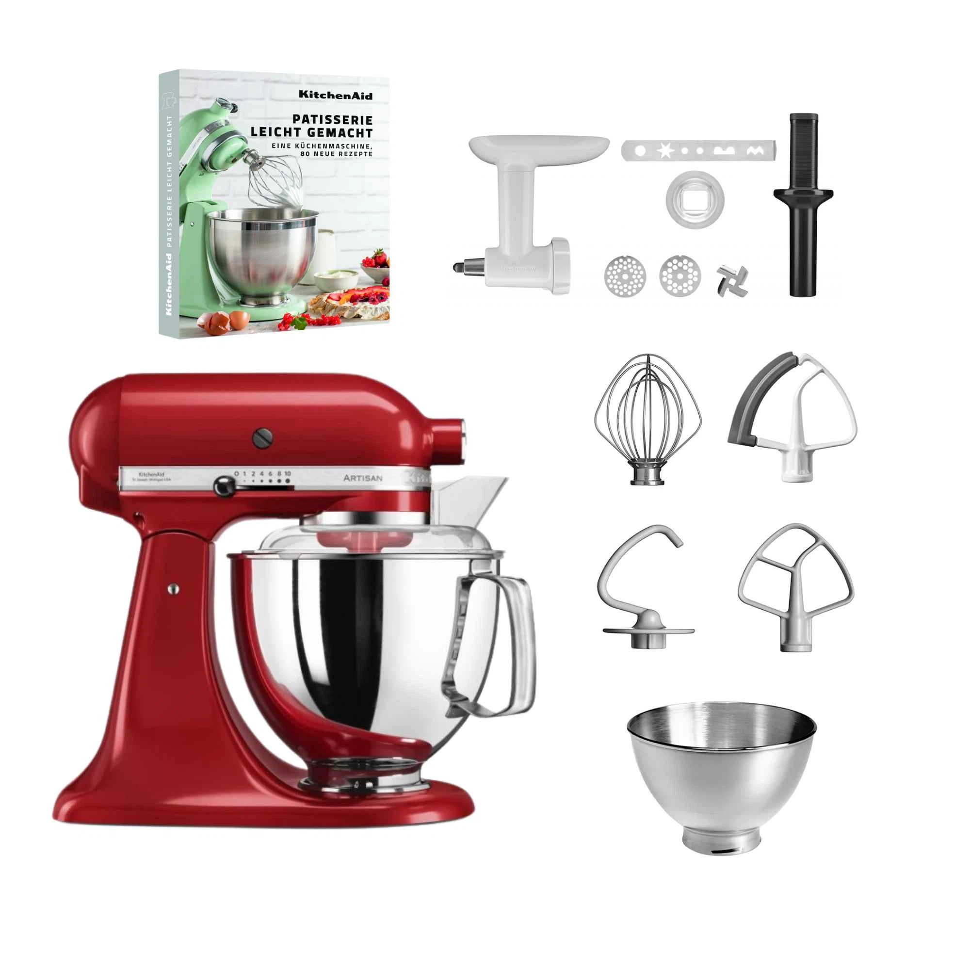 KitchenAid 4,8 L 5KSM175 Artisan Küchenmaschine Pastrylover mit Kunststofffleischwolf+Spritzgebäckvorsatz und Patisserie Buch-Empire Rot