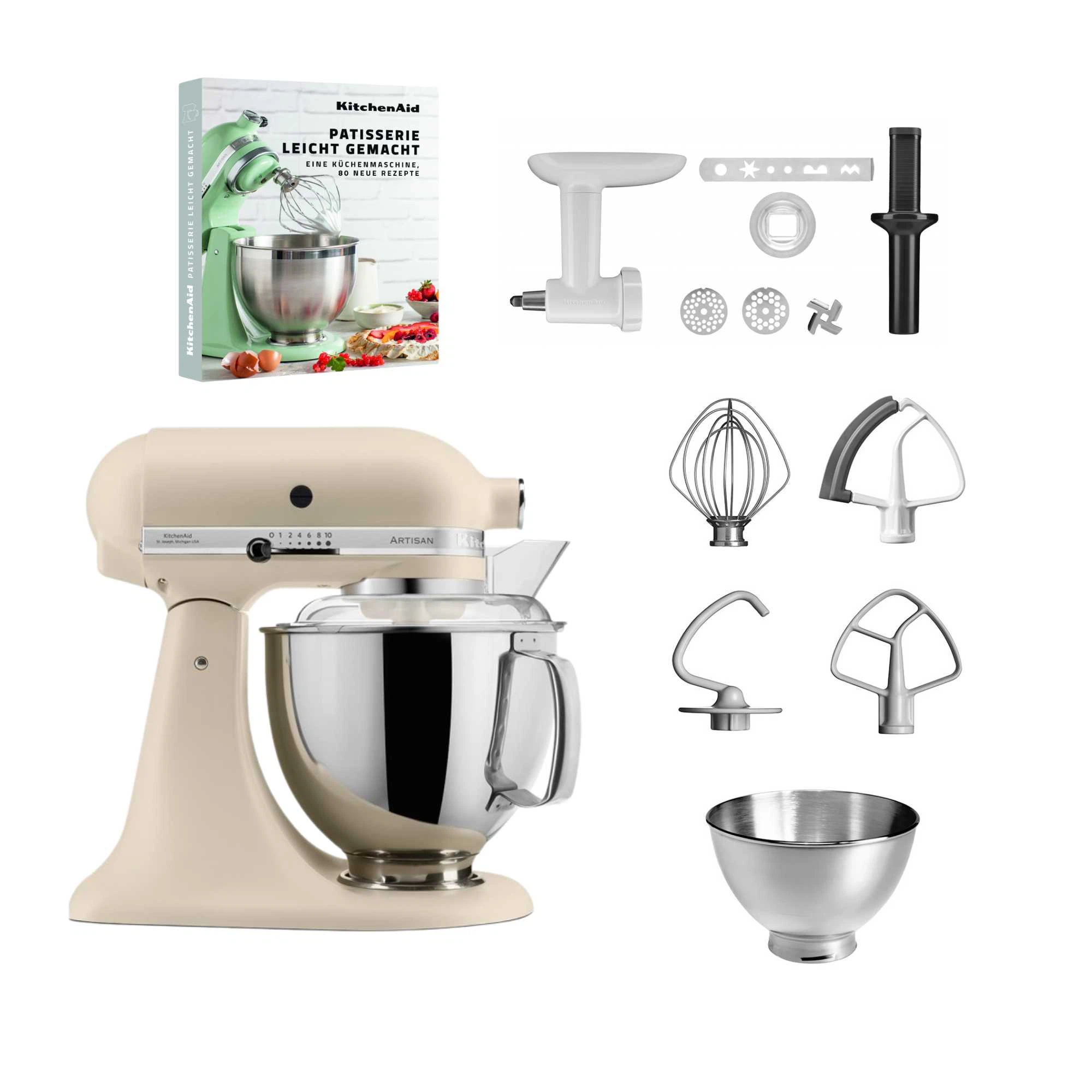 KitchenAid 4,8 L 5KSM175 Artisan Küchenmaschine Pastrylover mit Kunststofffleischwolf+Spritzgebäckvorsatz und Patisserie Buch-Fresh Linen