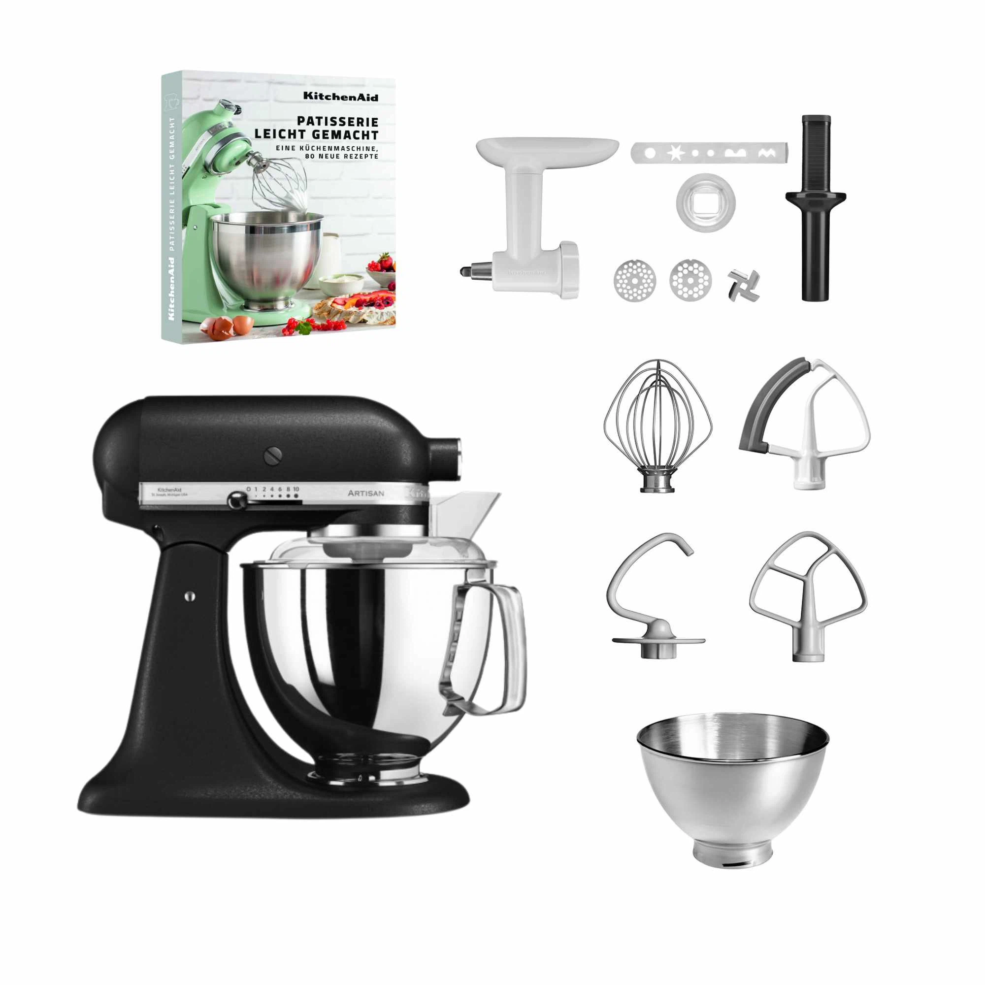 KitchenAid 4,8 L 5KSM175 Artisan Küchenmaschine Pastrylover mit Kunststofffleischwolf+Spritzgebäckvorsatz und Patisserie Buch-Gusseisen Schwarz