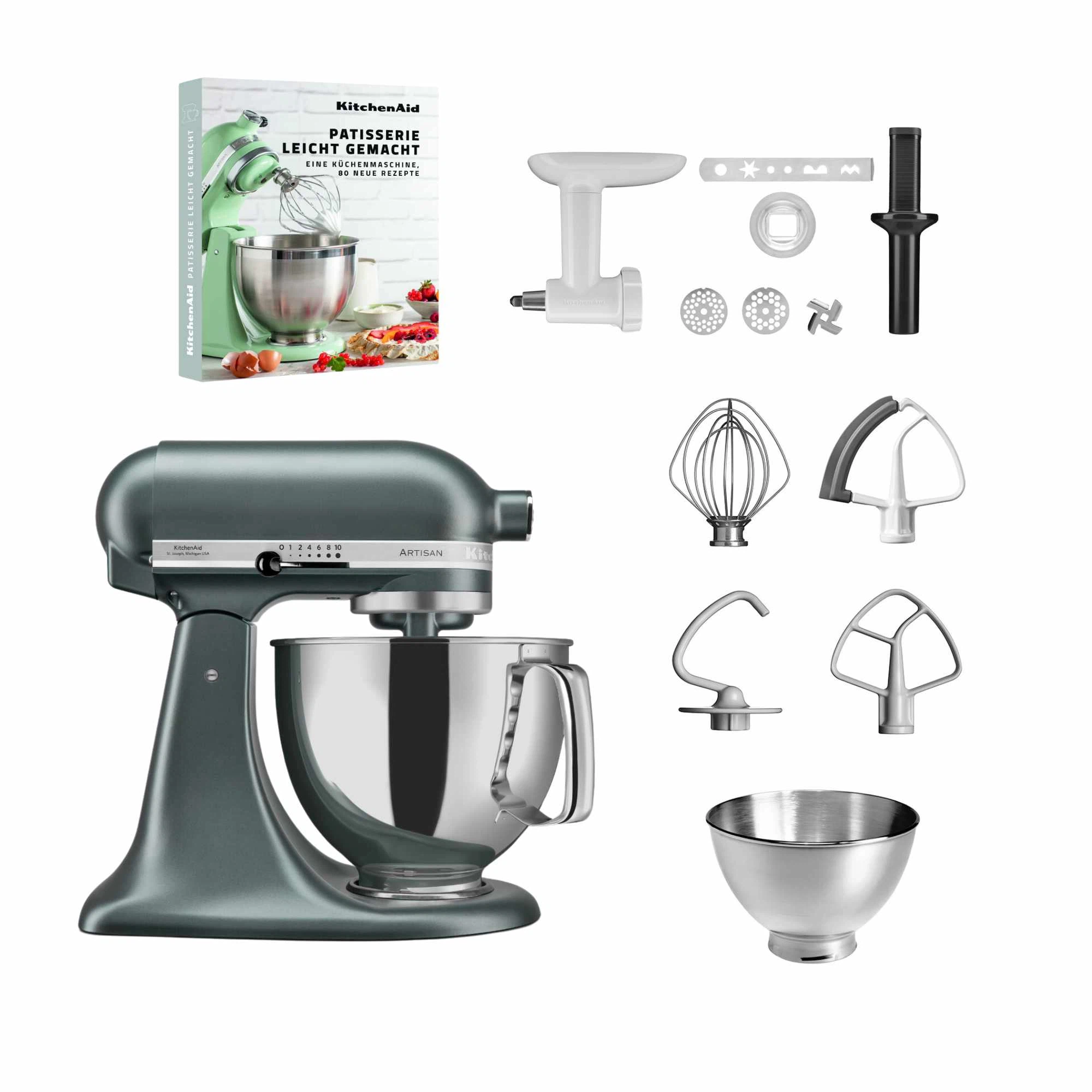 KitchenAid 4,8 L 5KSM175 Artisan Küchenmaschine Pastrylover mit Kunststofffleischwolf+Spritzgebäckvorsatz und Patisserie Buch-Juniper (Wacholder)