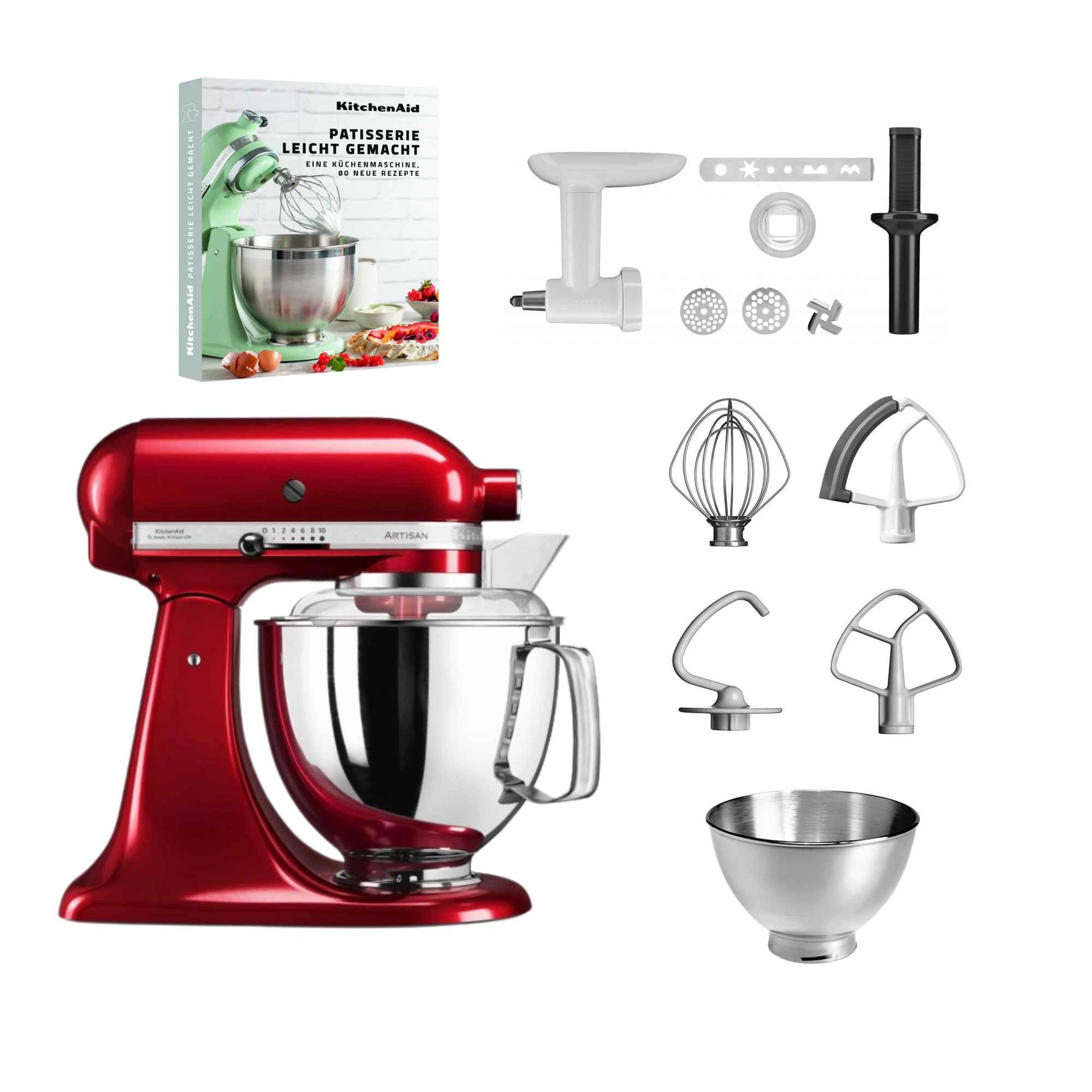 KitchenAid 4,8 L 5KSM175 Artisan Küchenmaschine Pastrylover mit Kunststofffleischwolf+Spritzgebäckvorsatz und Patisserie Buch-Liebesapfelrot