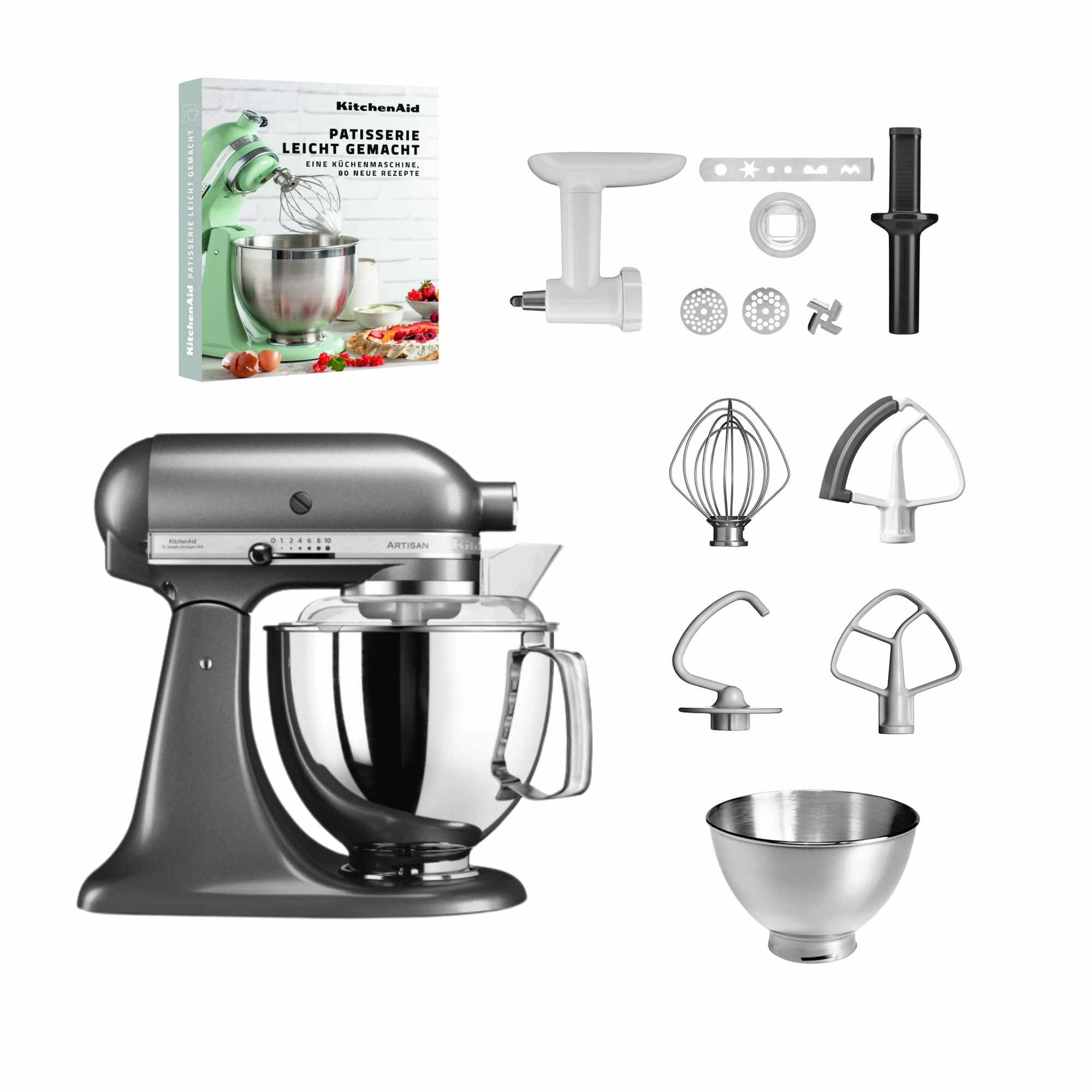 KitchenAid 4,8 L 5KSM175 Artisan Küchenmaschine Pastrylover mit Kunststofffleischwolf+Spritzgebäckvorsatz und Patisserie Buch-Medaillon Silber