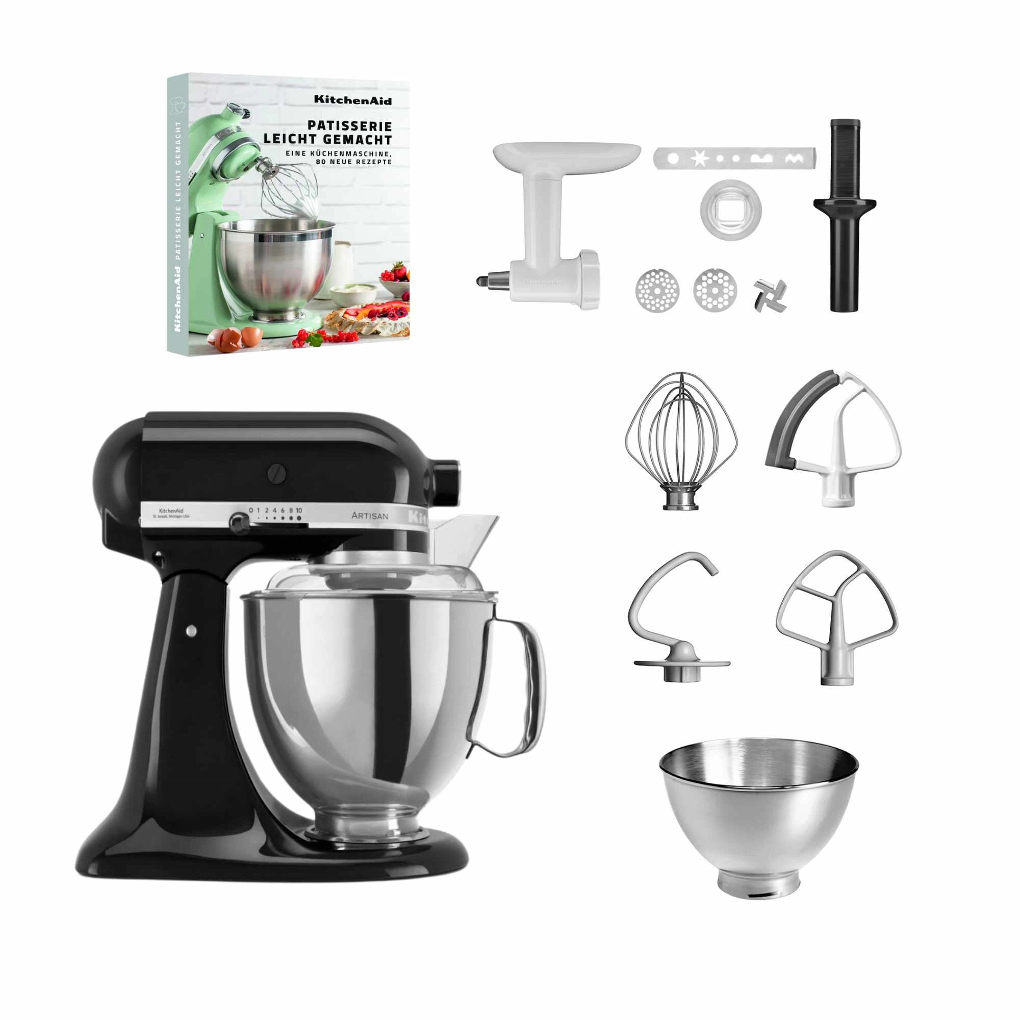 KitchenAid 4,8 L 5KSM175 Artisan Küchenmaschine Pastrylover mit Kunststofffleischwolf+Spritzgebäckvorsatz und Patisserie Buch-Onyx Schwarz