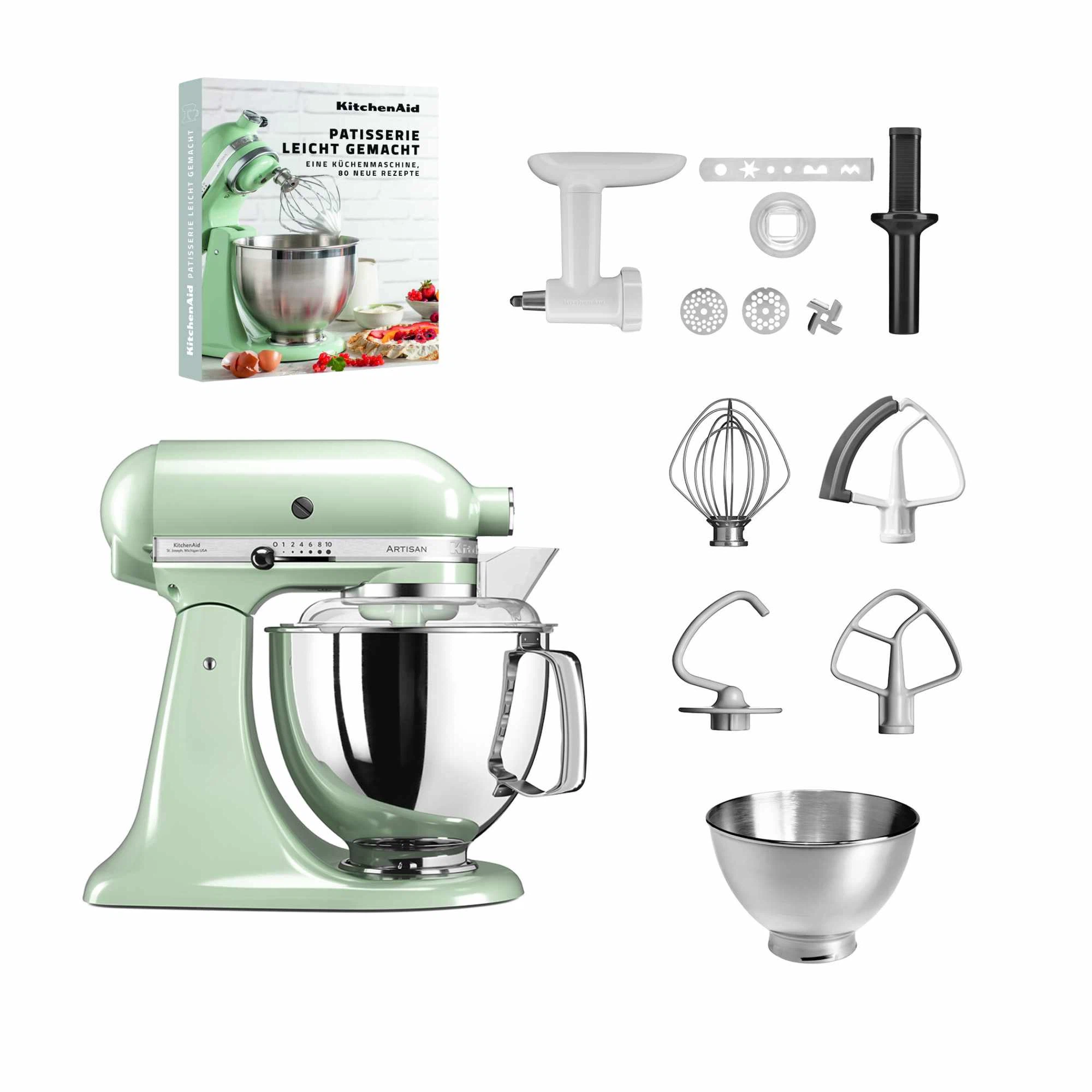 KitchenAid 4,8 L 5KSM175 Artisan Küchenmaschine Pastrylover mit Kunststofffleischwolf+Spritzgebäckvorsatz und Patisserie Buch-Pistazie