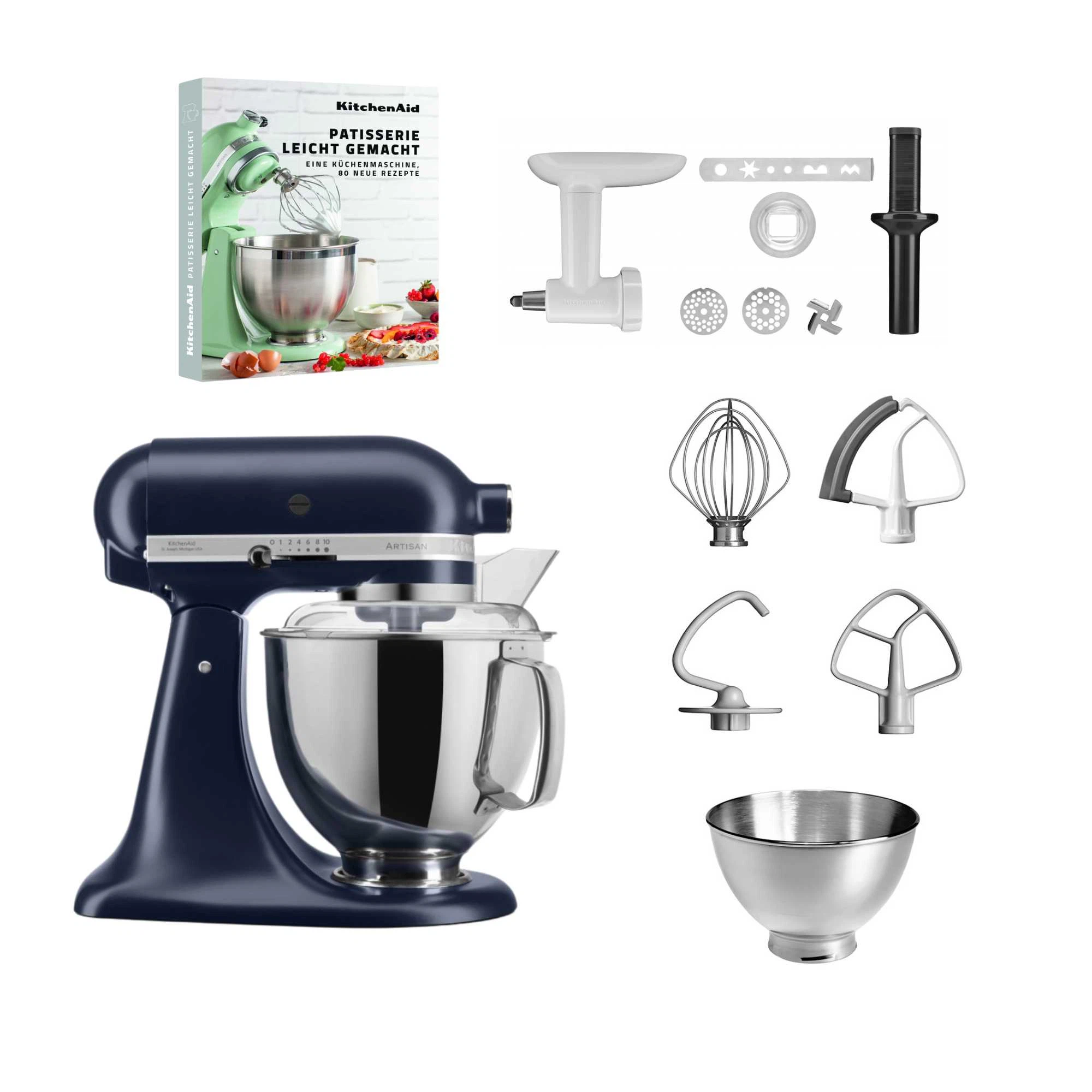 KitchenAid 4,8 L 5KSM175 Artisan Küchenmaschine Pastrylover mit Kunststofffleischwolf+Spritzgebäckvorsatz und Patisserie Buch-Tintenblau