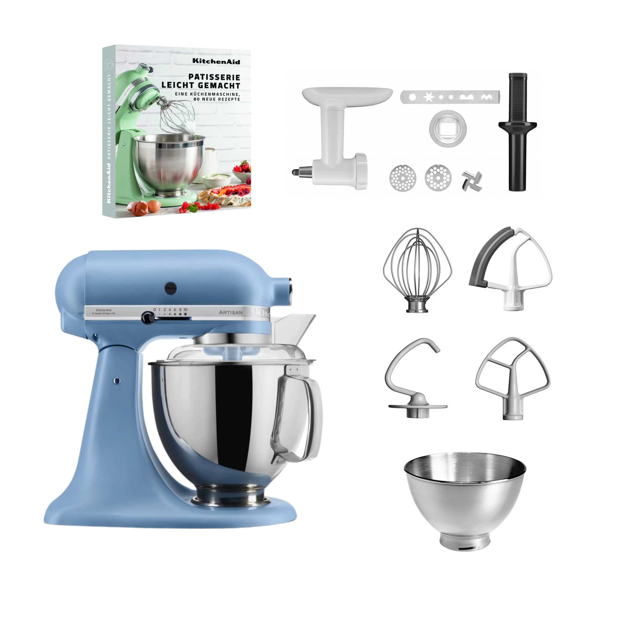 KitchenAid 4,8 L 5KSM175 Artisan Küchenmaschine Pastrylover mit Kunststofffleischwolf+Spritzgebäckvorsatz und Patisserie Buch-Velvet Blue