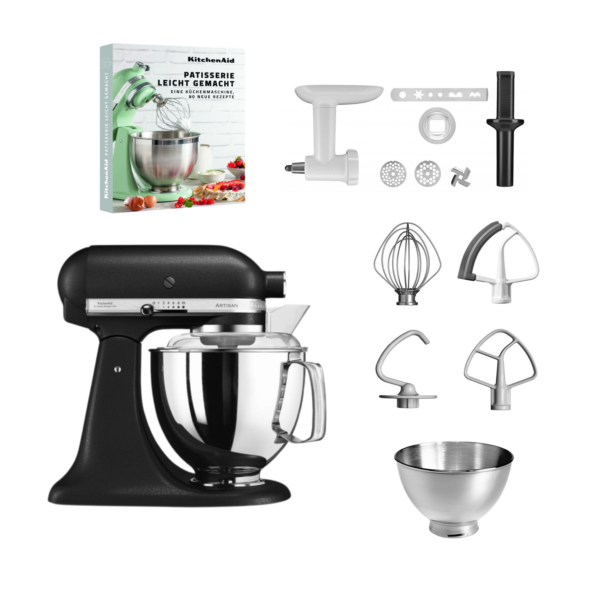 KitchenAid 4,8 L 5KSM175 Artisan Küchenmaschine Pastrylover mit Kunststofffleischwolf+Spritzgebäckvorsatz und Patisserie Buch Gusseisen Schwarz-Default