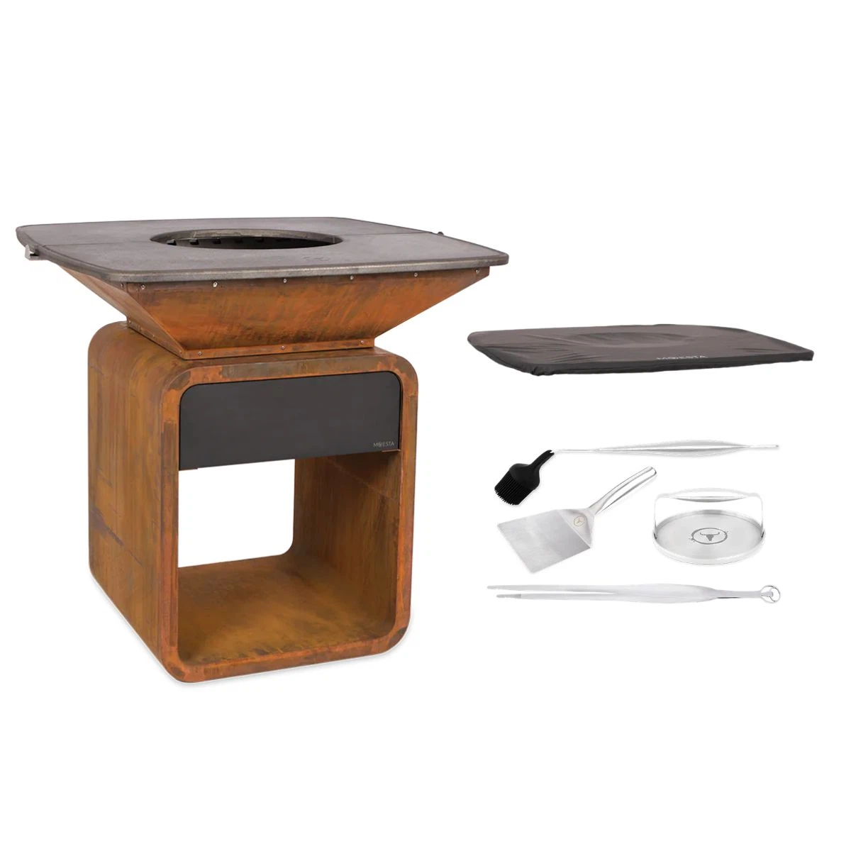 MOESTA ONE FirePlace Feuerplattengrill Vorteilsset mit Abdeckhaube und Grillzubehör-Set-Gusseisen