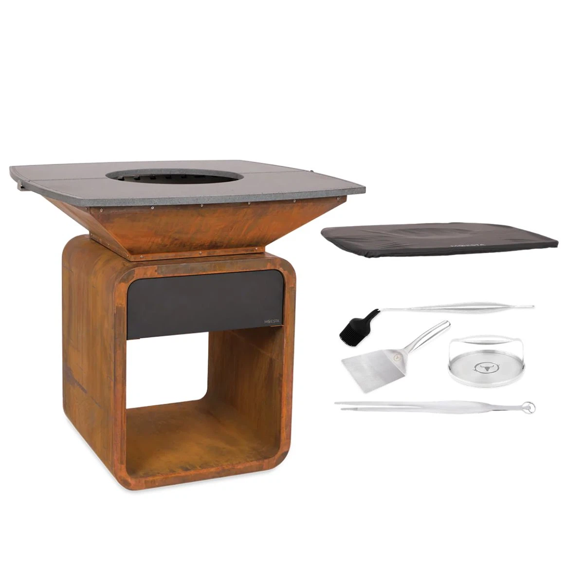MOESTA ONE FirePlace Feuerplattengrill Vorteilsset mit Abdeckhaube und Grillzubehör-Set-Lavastein