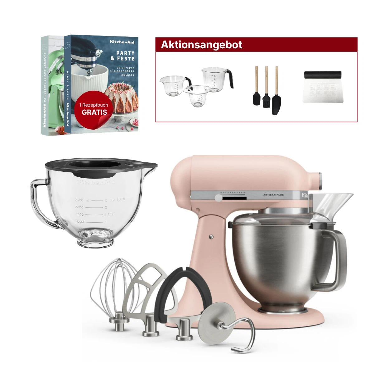 KitchenAid 4,7L 5KSM50PKVE Küchenmaschine - Artisan Plus mit GRATIS Glasschüssel-Feather Pink