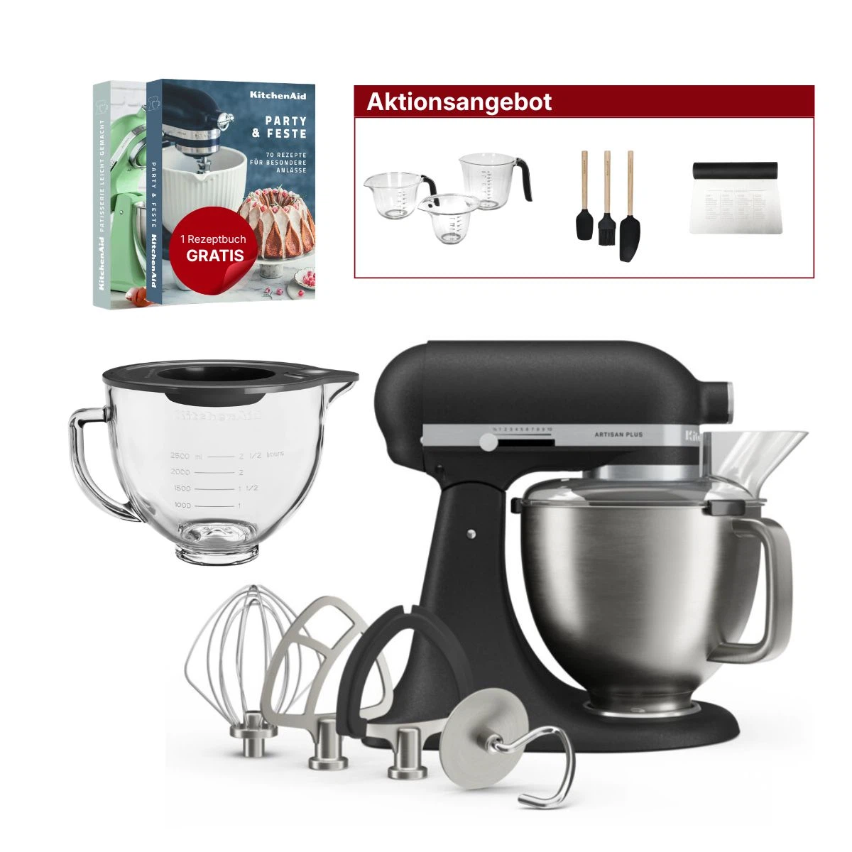 KitchenAid 4,7L 5KSM50PKVE Küchenmaschine - Artisan Plus mit GRATIS Glasschüssel-Gusseisen Schwarz