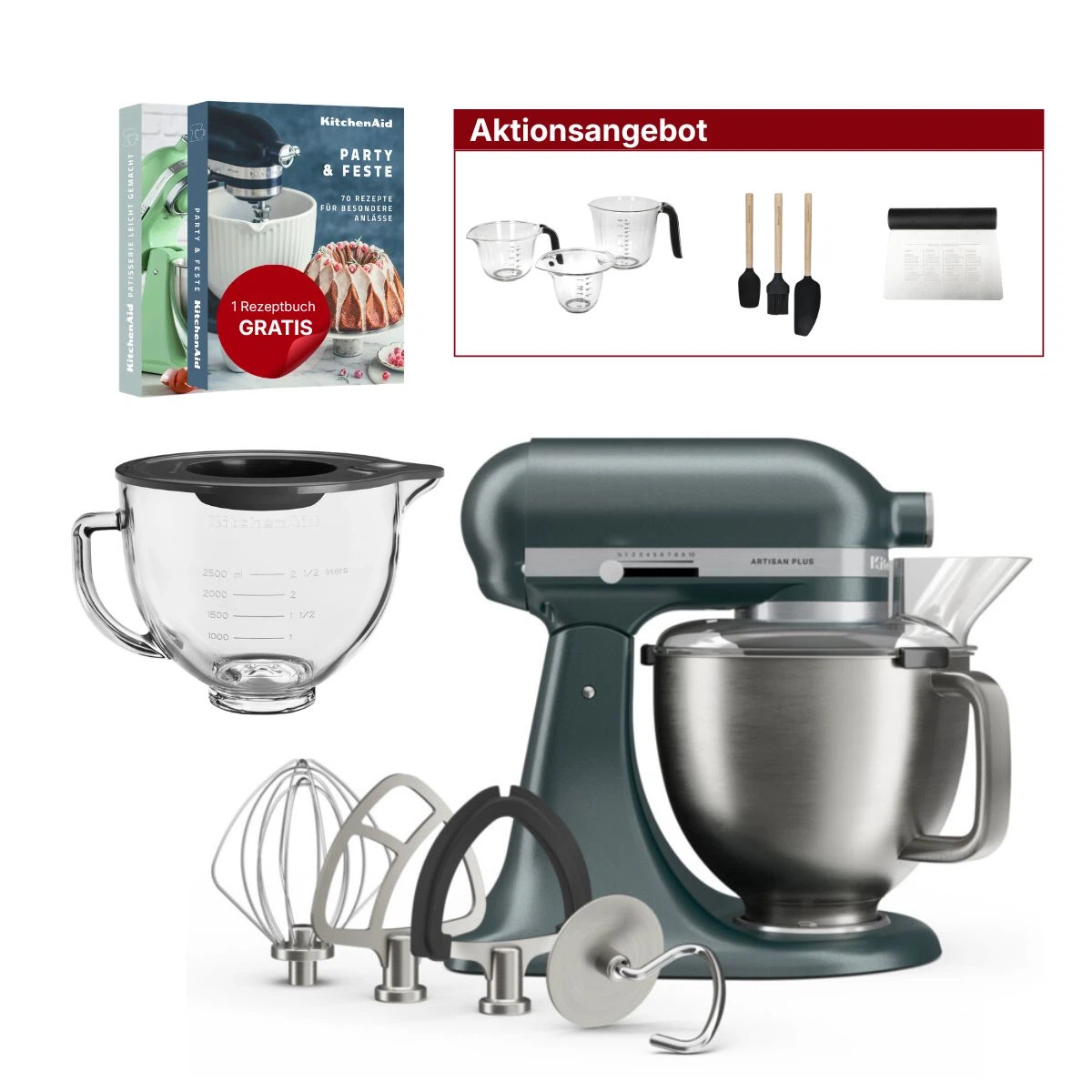 KitchenAid 4,7L 5KSM50PKVE Küchenmaschine - Artisan Plus mit GRATIS Glasschüssel-Juniper (Wacholder)