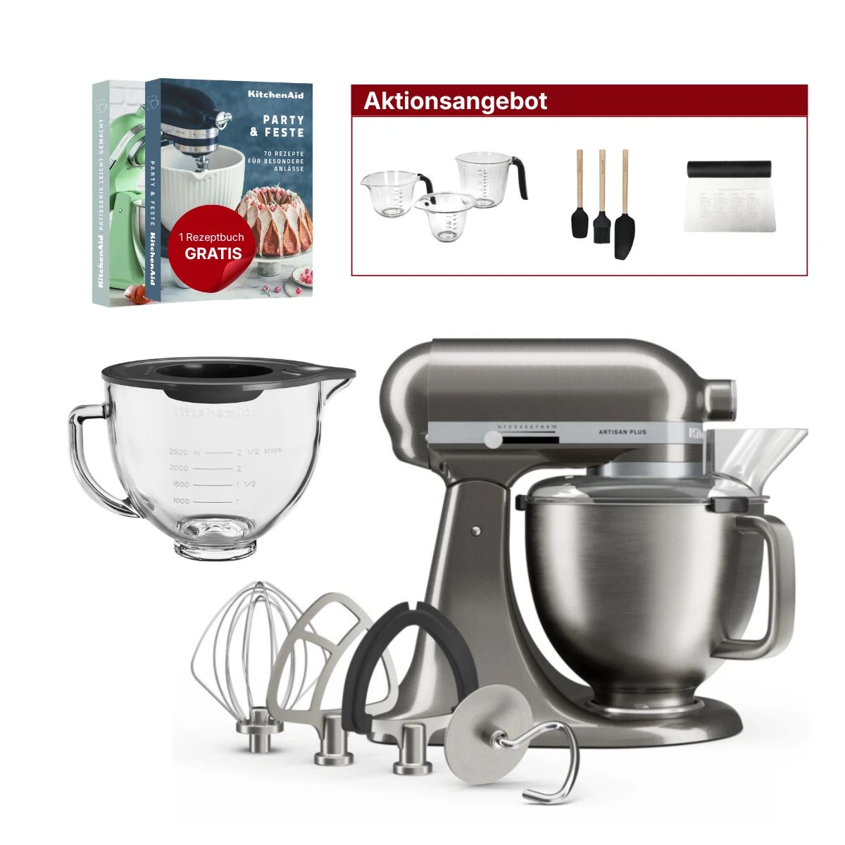 KitchenAid 4,7L 5KSM50PKVE Küchenmaschine - Artisan Plus mit GRATIS Glasschüssel-Medaillon Silber