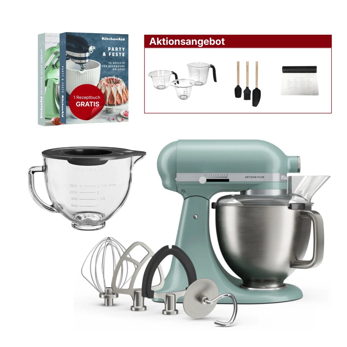 KitchenAid 4,7L 5KSM50PKVE Küchenmaschine - Artisan Plus mit GRATIS Glasschüssel-Mint Julep
