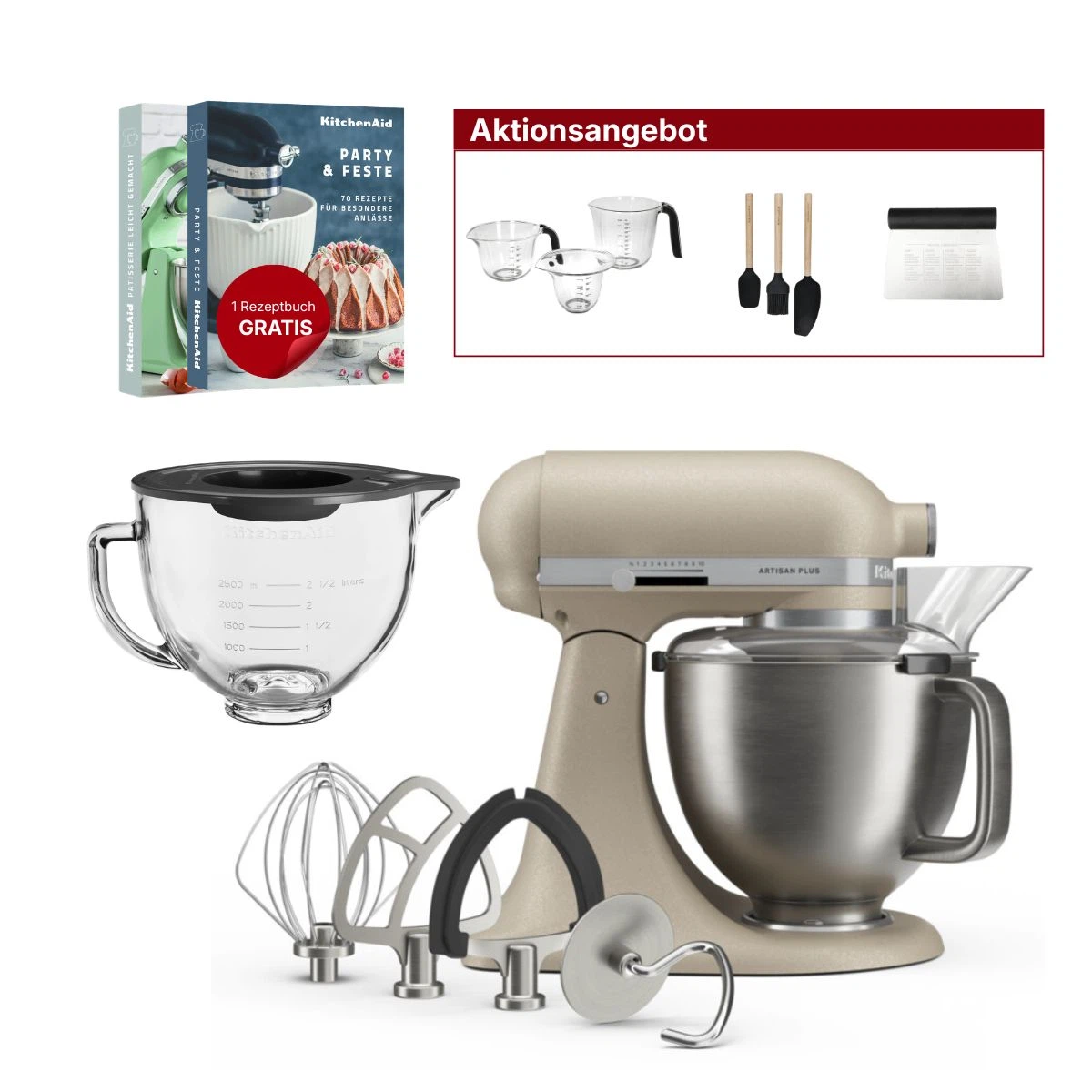 KitchenAid 4,7L 5KSM50PKVE Küchenmaschine - Artisan Plus mit GRATIS Glasschüssel-Oat (Hafer)