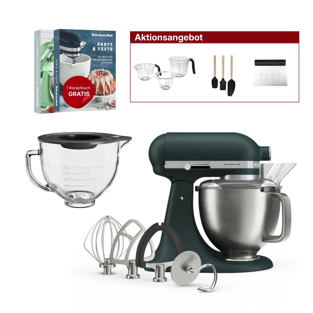 KitchenAid 4,7L 5KSM50PKVE Küchenmaschine - Artisan Plus mit GRATIS Glasschüssel-Pebbled Palm