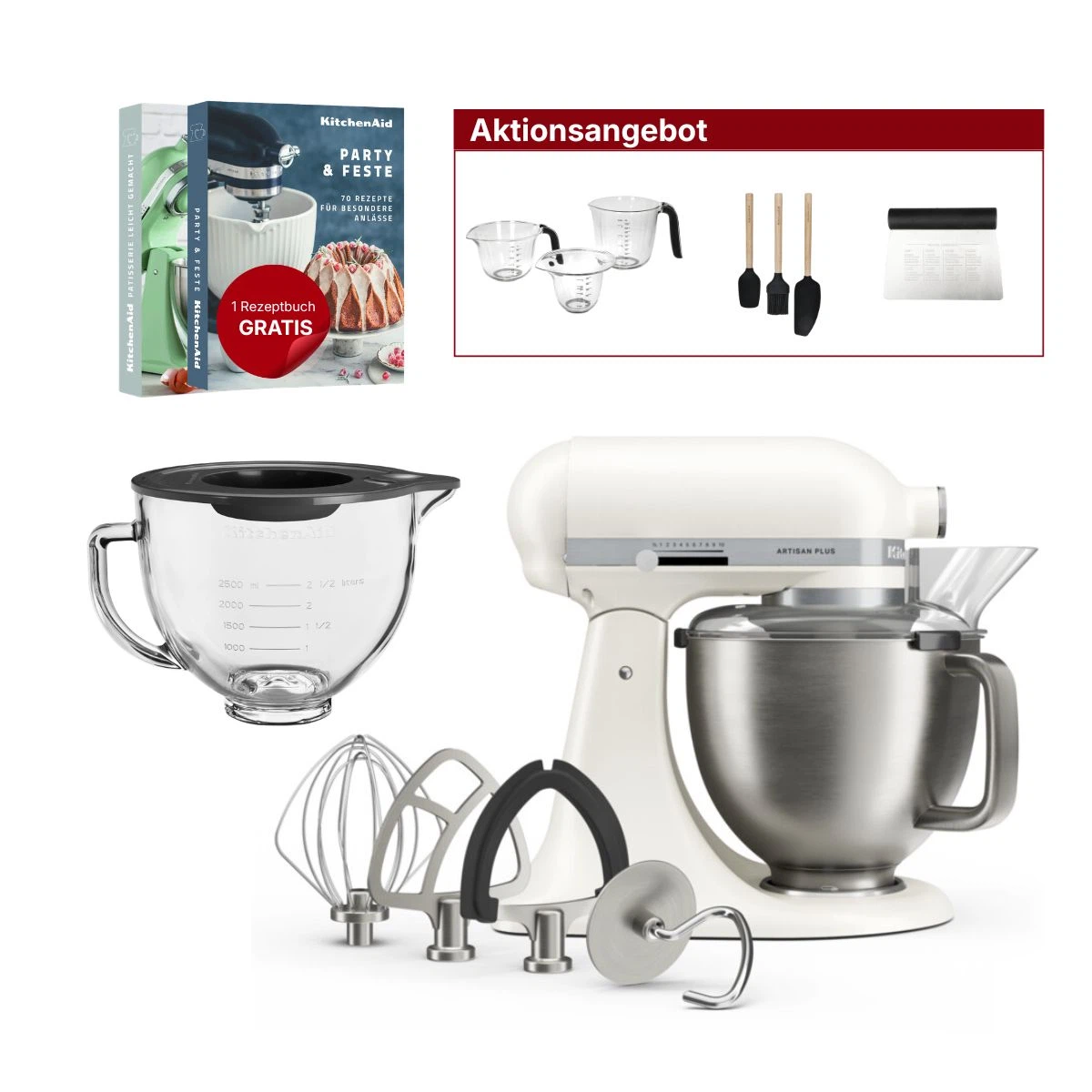 KitchenAid 4,7L 5KSM50PKVE Küchenmaschine - Artisan Plus mit GRATIS Glasschüssel-Porcelain White
