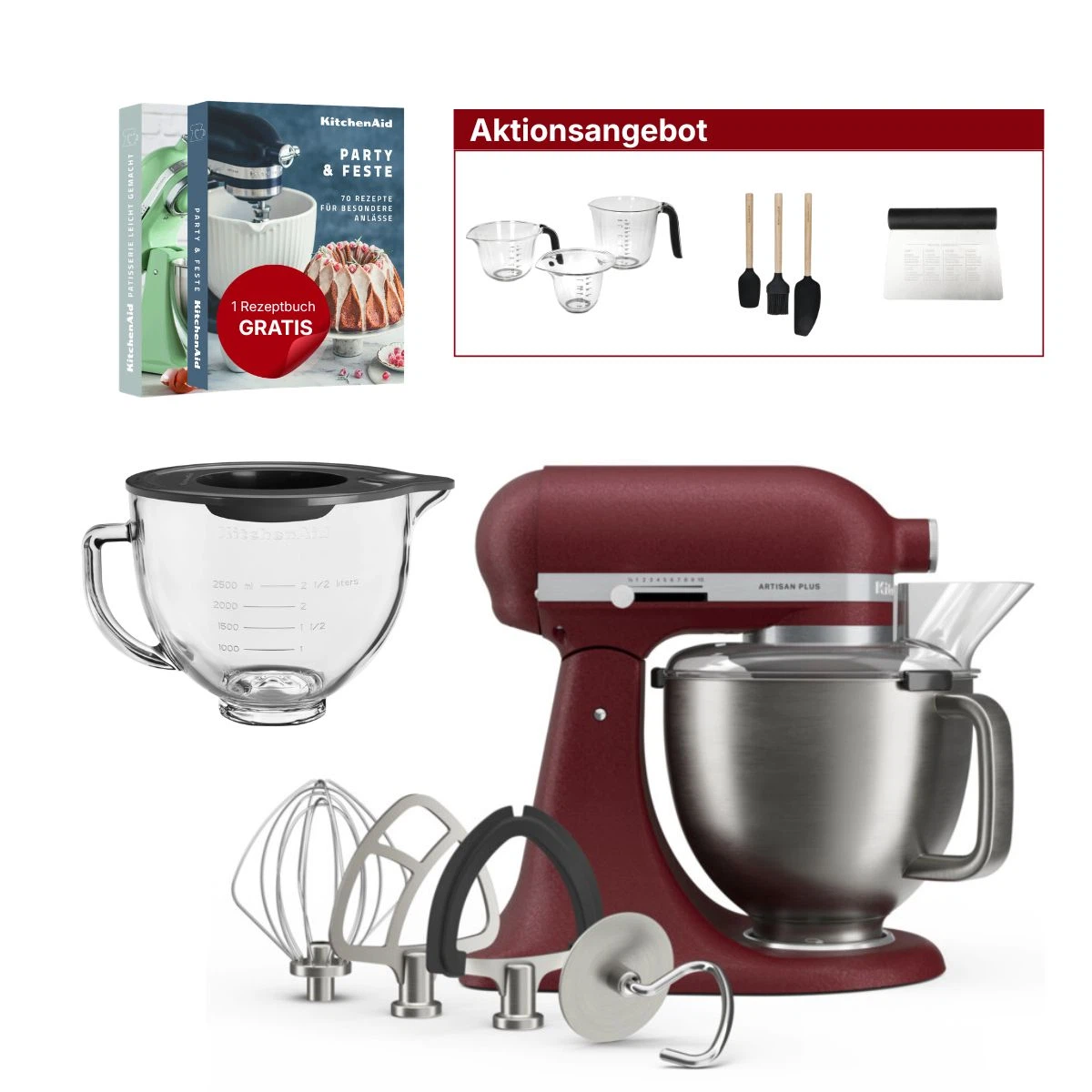 KitchenAid 4,7L 5KSM50PKVE Küchenmaschine - Artisan Plus mit GRATIS Glasschüssel-Sun dried tomate (Getrocknete Tomate)