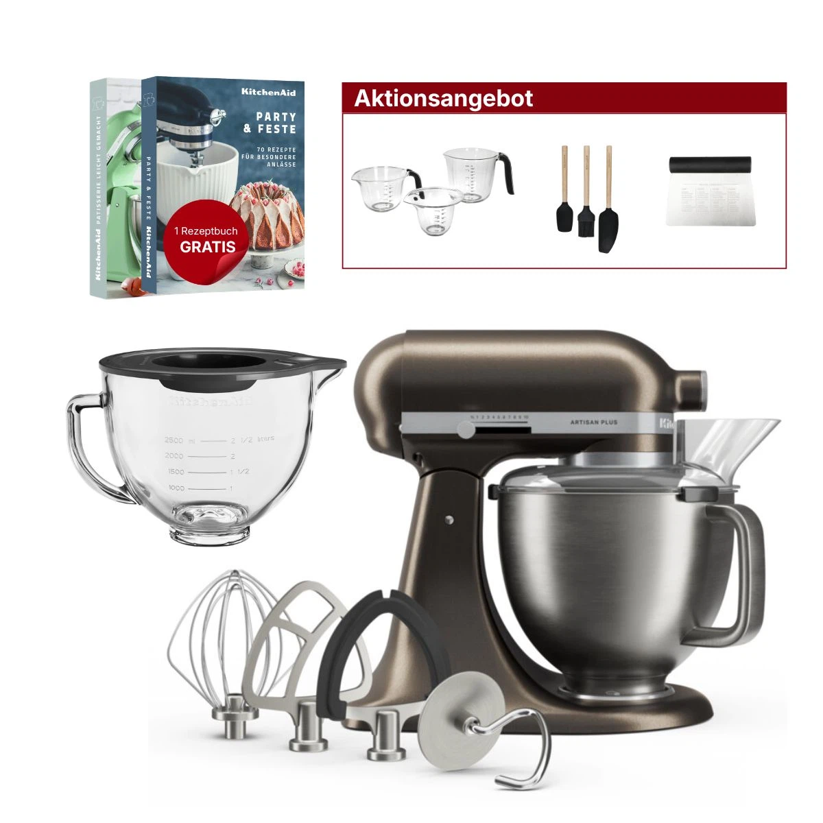 KitchenAid 4,7L 5KSM50PKVE Küchenmaschine - Artisan Plus mit GRATIS Glasschüssel-Iron ore (Bronze)