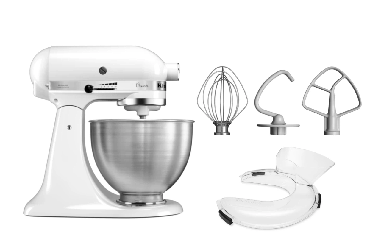 KitchenAid 4,3 L 5K45SS Classic Küchenmaschine Set 1 + Spritzschutz-Weiß