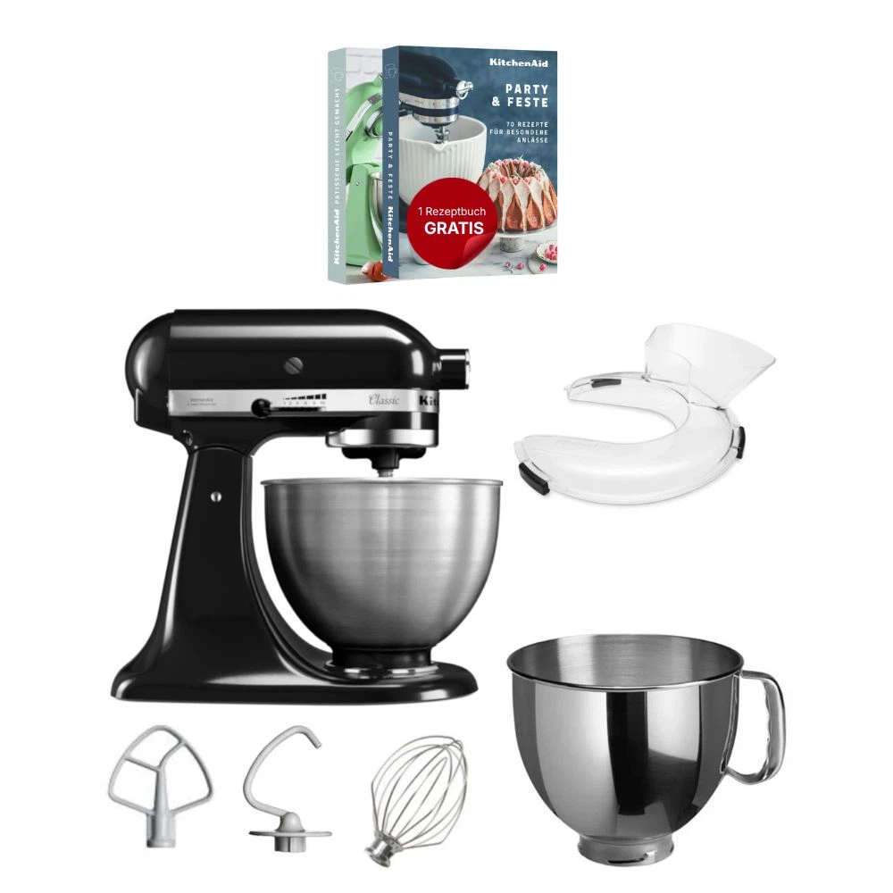 KitchenAid 4,3 L 5K45SS Classic Küchenmaschine Set 2 + Schüssel 4,8 L + Spritzschutz-Onyx Schwarz