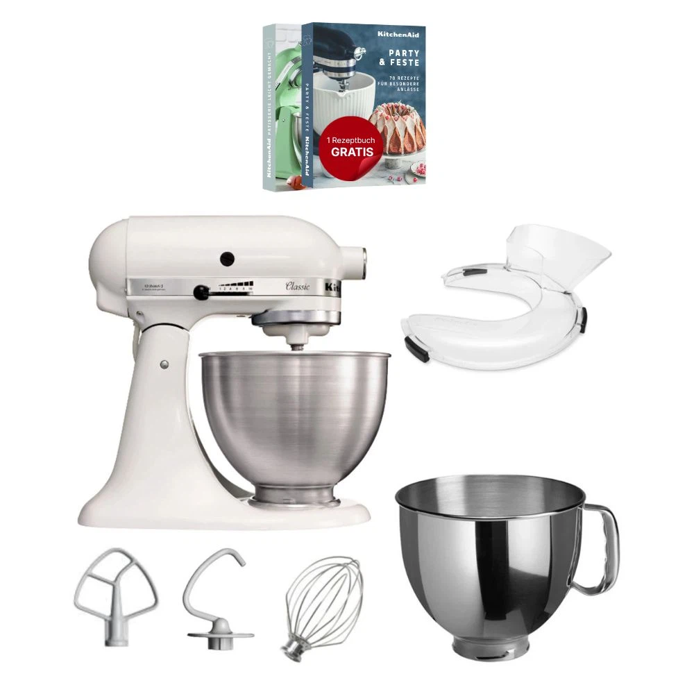 KitchenAid 4,3 L 5K45SS Classic Küchenmaschine Set 2 + Schüssel 4,8 L + Spritzschutz-Weiß