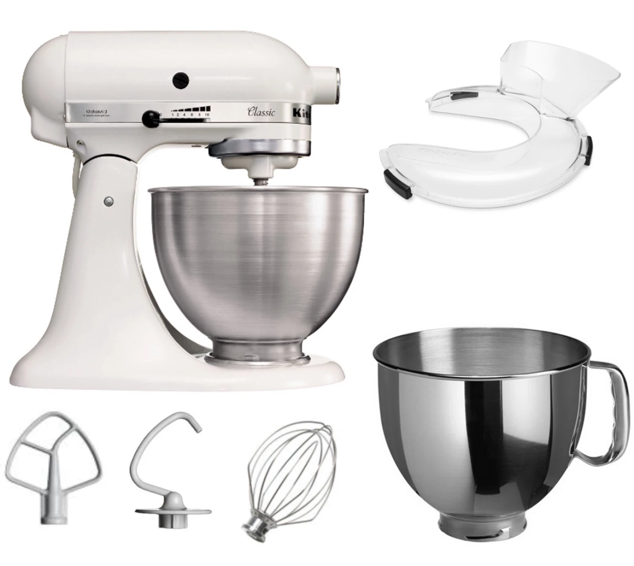 KitchenAid 4,3 L 5K45SS Classic Küchenmaschine Set 2 + Schüssel 4,8 L + Spritzschutz-Weiß