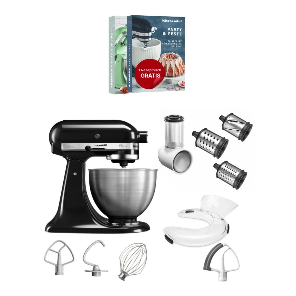 KitchenAid 4,3 L 5K45SS Classic Küchenmaschine Set 3 Gemüseschneider+Spritzschutz+Flexirührer-Onyx Schwarz