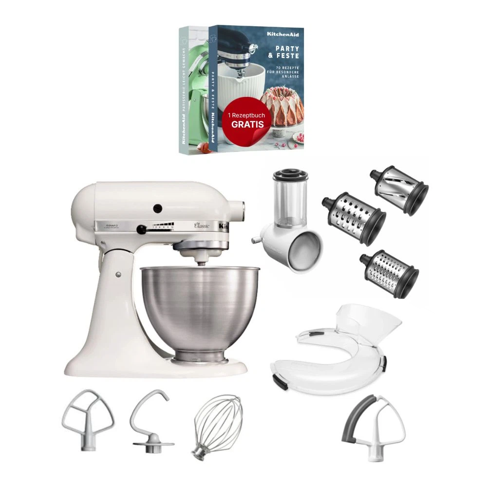 KitchenAid 4,3 L 5K45SS Classic Küchenmaschine Set 3 Gemüseschneider+Spritzschutz+Flexirührer-Weiß