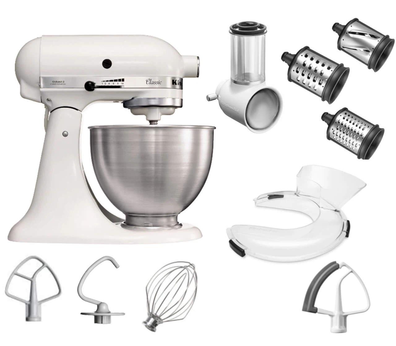 KitchenAid 4,3 L 5K45SS Classic Küchenmaschine Set 3 Gemüseschneider+Spritzschutz+Flexirührer-Weiß