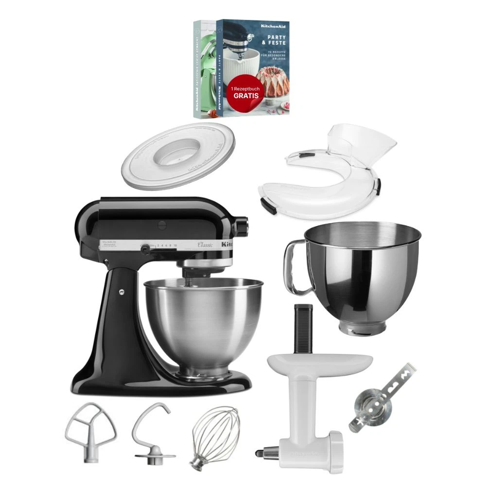 KitchenAid 4,3 L 5K45SS Classic Küchenmaschine Set 5 Fleischwolf+Spritzgebäck+Deckel+Schüssel+Spritz-Onyx Schwarz