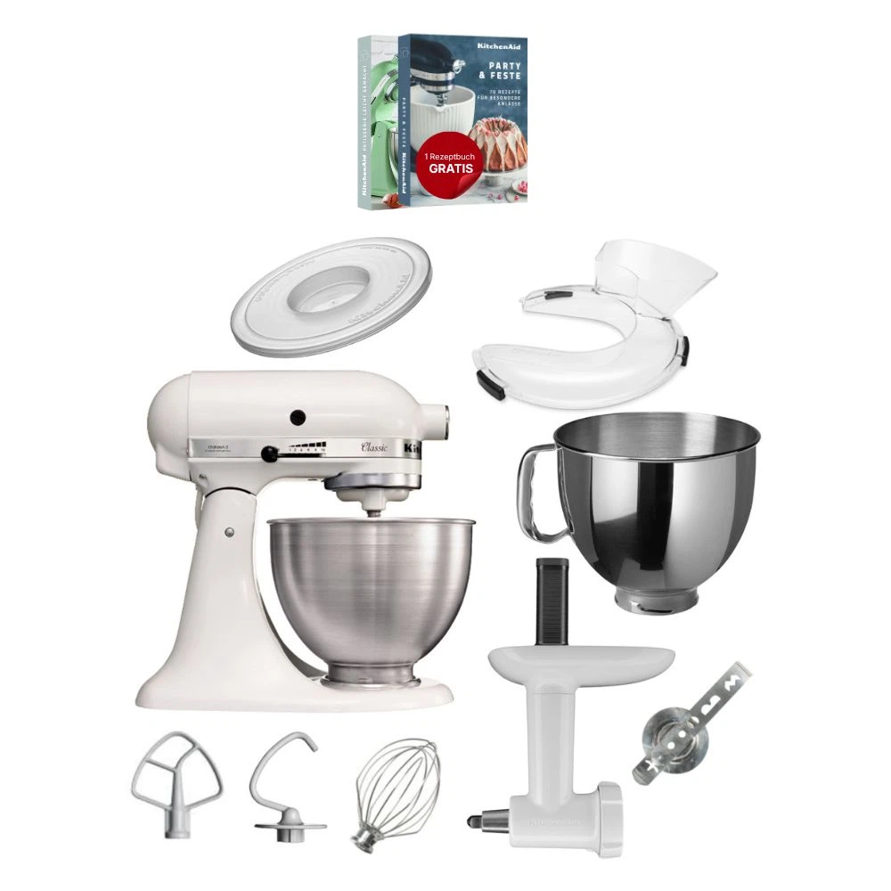 KitchenAid 4,3 L 5K45SS Classic Küchenmaschine Set 5 Fleischwolf+Spritzgebäck+Deckel+Schüssel+Spritz-Weiß