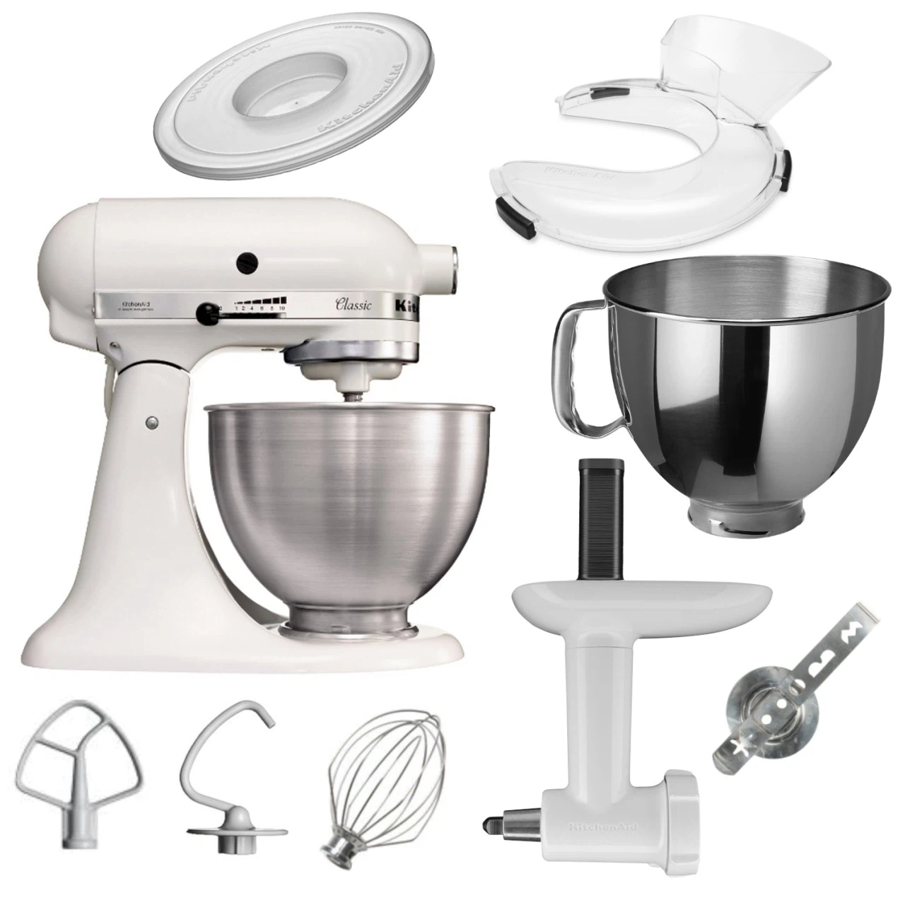 KitchenAid 4,3 L 5K45SS Classic Küchenmaschine Set 5 Fleischwolf+Spritzgebäck+Deckel+Schüssel+Spritz-Weiß