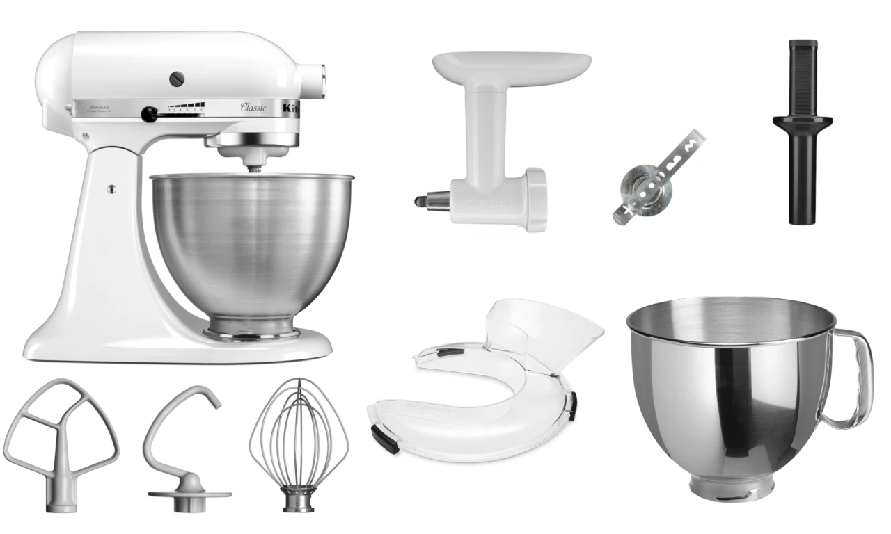 KitchenAid 4,3 L 5K45SS Classic Küchenmaschine Set 4 Fleischwolf+Spritzgebäck+Schüssel+Spritzschutz-Weiß