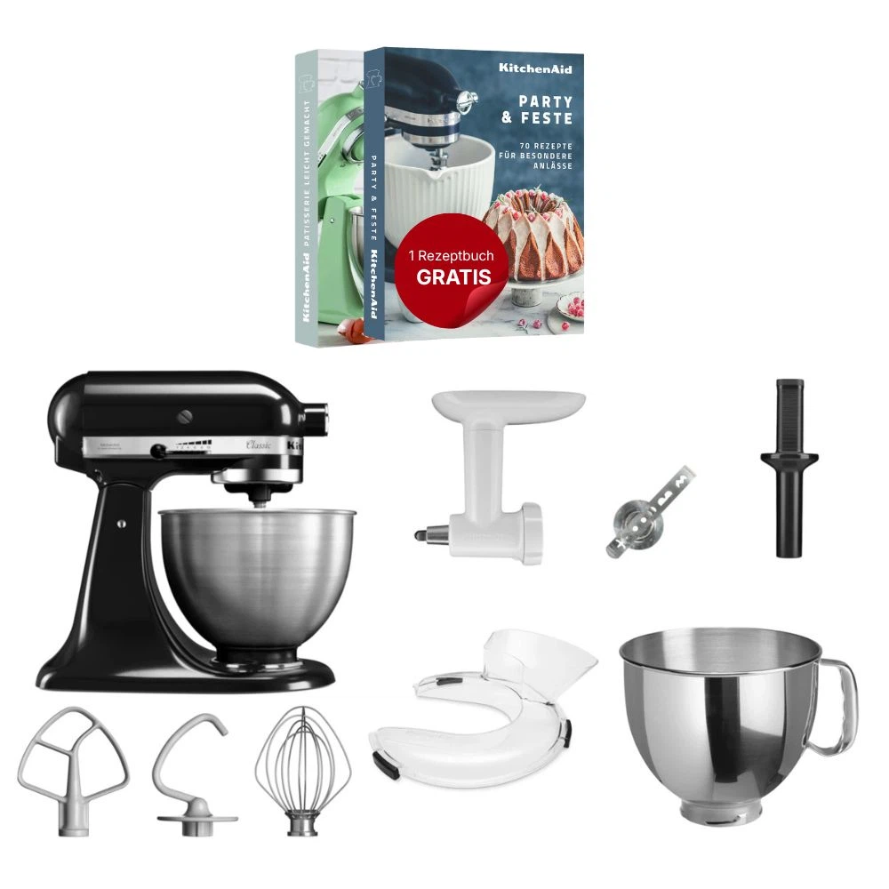 KitchenAid 4,3 L 5K45SS Classic Küchenmaschine Set 4 Fleischwolf+Spritzgebäck+Schüssel+Spritzschutz-Onyx Schwarz