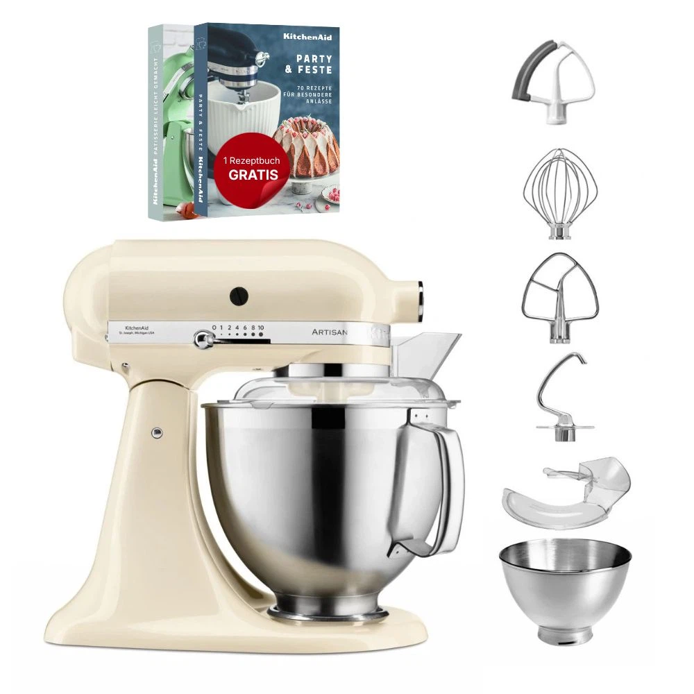 KitchenAid 4,8 L 5KSM185 Artisan Küchenmaschine Flexiset Artisan + Flexirührer-Crème