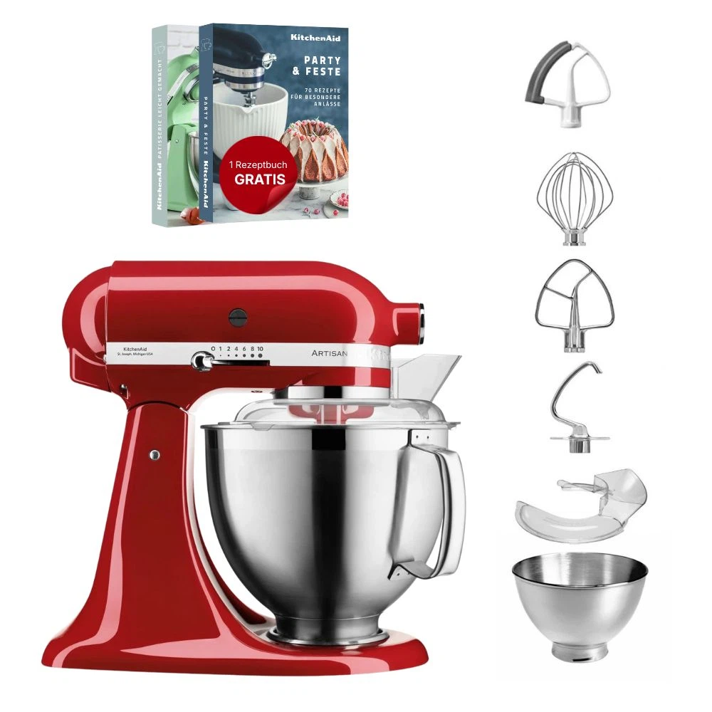 KitchenAid 4,8 L 5KSM185 Artisan Küchenmaschine Flexiset Artisan + Flexirührer-Empire Rot