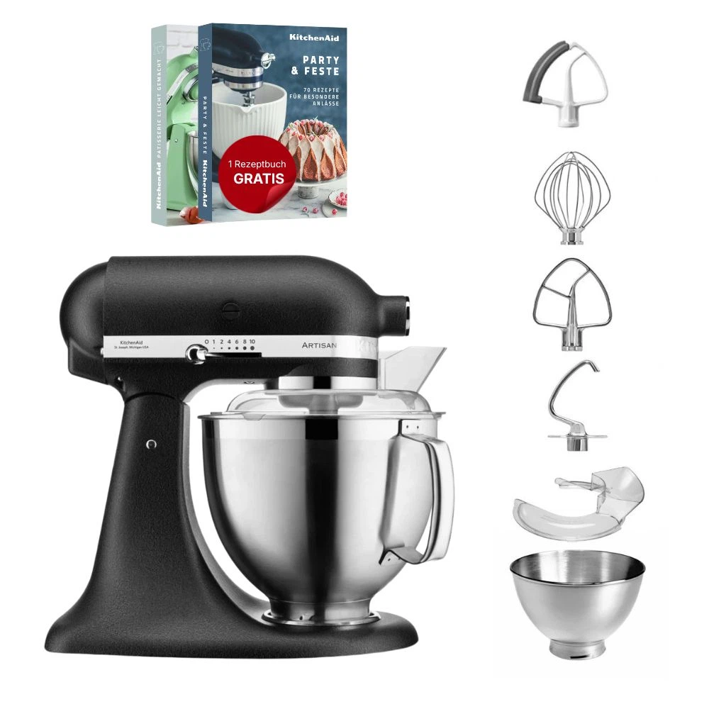 KitchenAid 4,8 L 5KSM185 Artisan Küchenmaschine Flexiset Artisan + Flexirührer-Gusseisen Schwarz